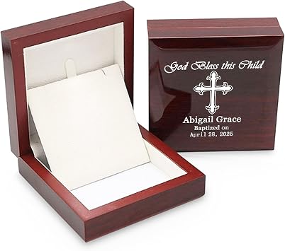 Baptism Gifts for Girl or Boys - Wooden Jewelry Keepsake Box Personalized with Name Date Cross, Wood Rosary Beads Holder Customized Own Message