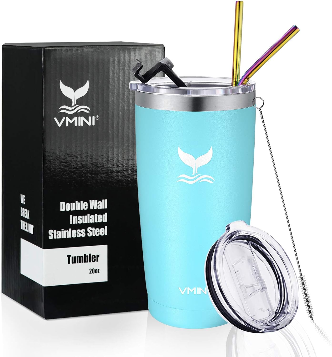 Vmini 20 oz Tumbler with Straws and Lids, Ice Coffee Tumbler, Travel Mug Vacuum Insulated Coffee Beer Pint Cup - 18/8 Stainless Steel Water Bottle : Blue