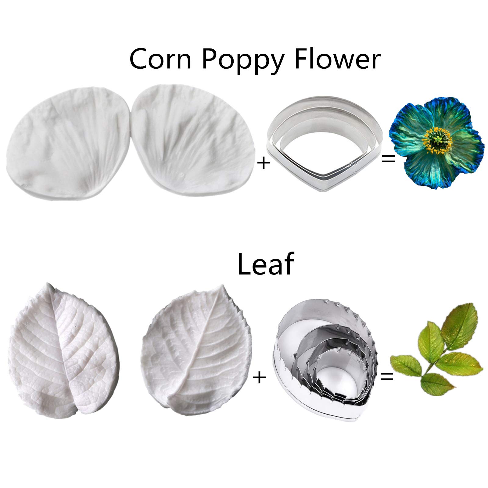 Juego de 6 moldes de flores de pasta de goma y 6 cortadores de flores de pasta de goma, kit de herramientas de fondant, juego de cortador de galletas de acero inoxidable, molde de veteado de silicona 4