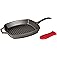 Lodge Manufacturing Company Pre-Seasoned Cast Iron Square Grill Pan with Red Silicone Hot Handle Holder, 10.5", Black