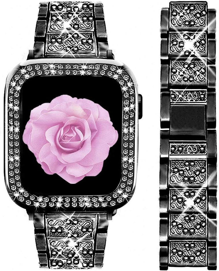 AMODOO Compatible with Apple Watch Band + Case, Women Jewelry Bling Metal Strap &Bumper Frame Screen Protector