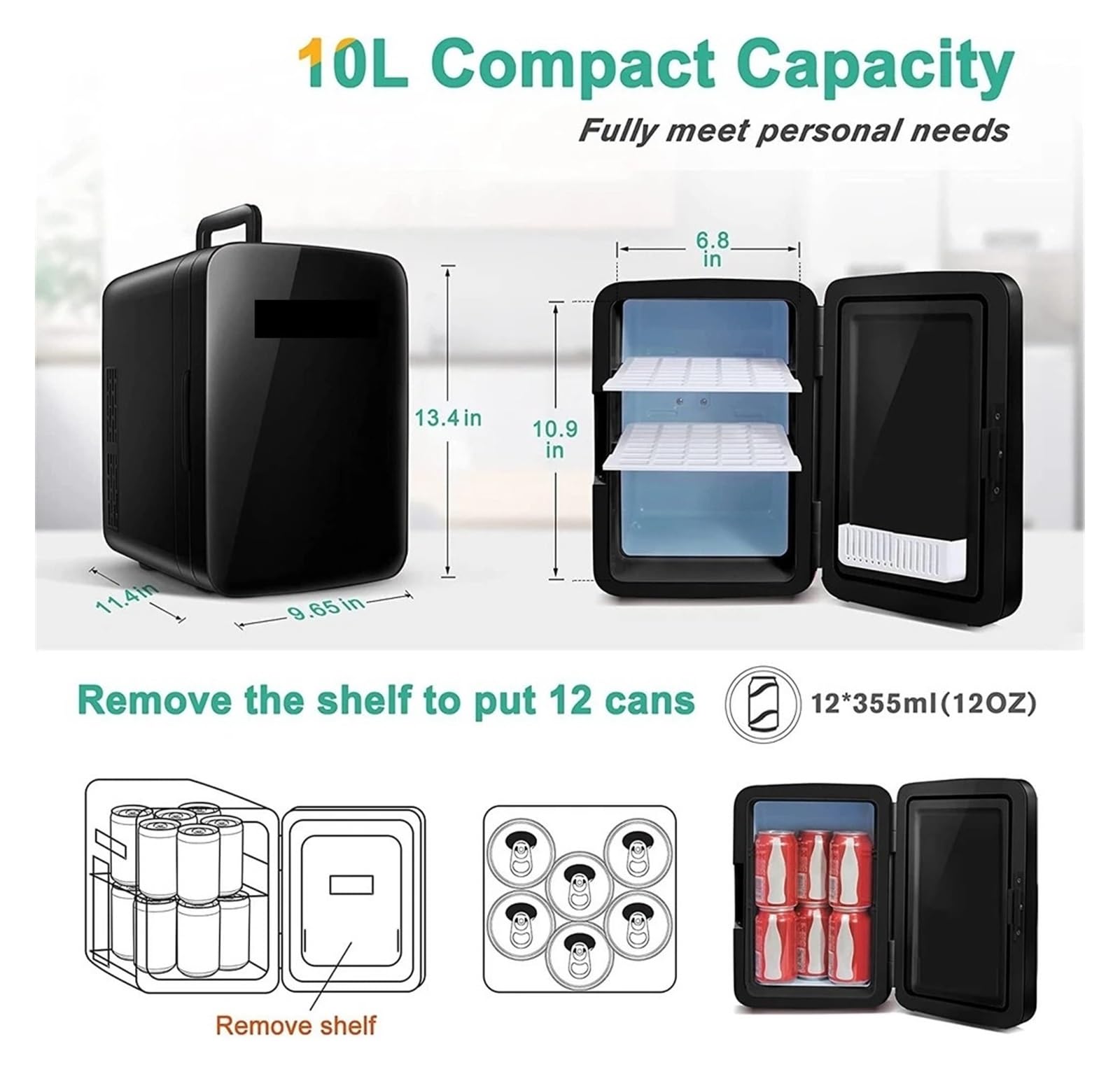 Mini refrigerador portátil de 10 litros/12 latas, refrigerador Personal for Alimentos, con enchufes for el hogar y Cargador de Coche de 12 V.(10L Blue or White)