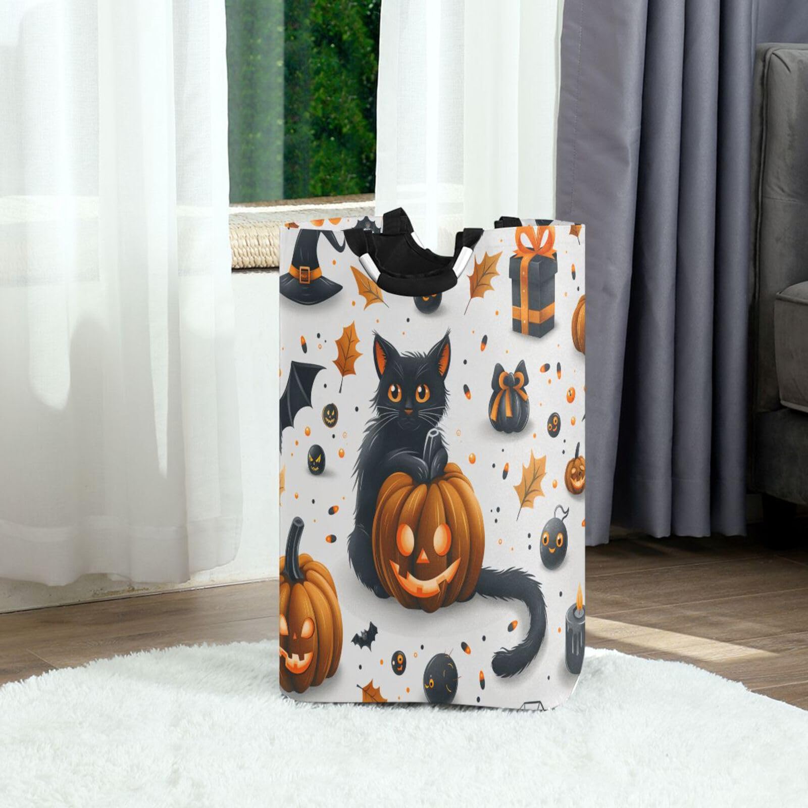 Jihqo Laundry Hamper Basket Halloween Pumpkin and Black Cat Collapsible Nursery Storage Bin Waterproof Clothing Baskets for Home Bedroom Bathroom Washing Room