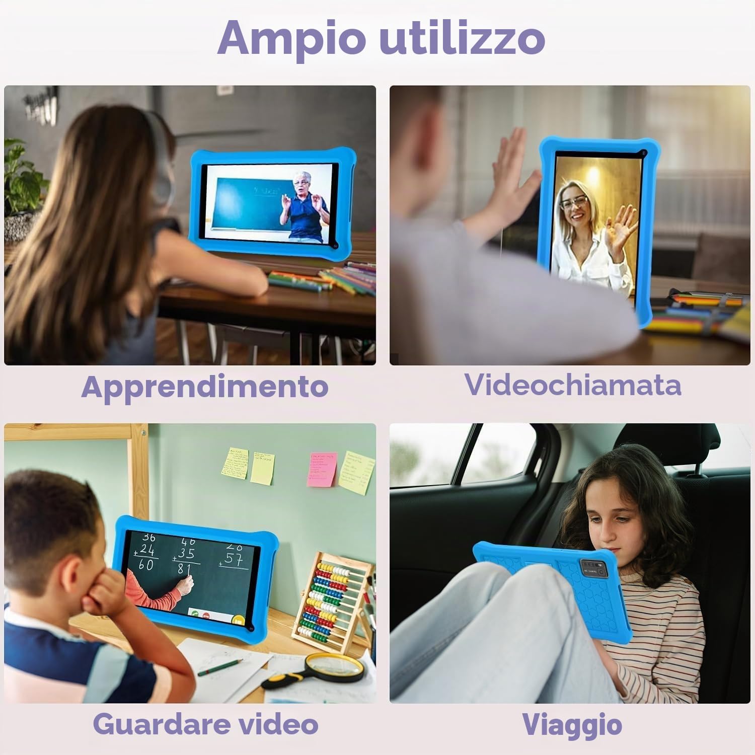 Tablet per bambini 7 pollici, Android 13, 8 GB RAM + 64 GB ROM (espandibile 256 GB), controllo genitori, schermo HD IPS, certificato GMS, Wi-Fi, tablet educativo bambini con custodia (blu)