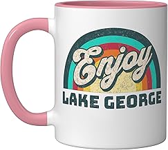 Enjoy Lake George New York Retro Rainbow 70s Camping Hiking Ceramic Mug, Pink/White