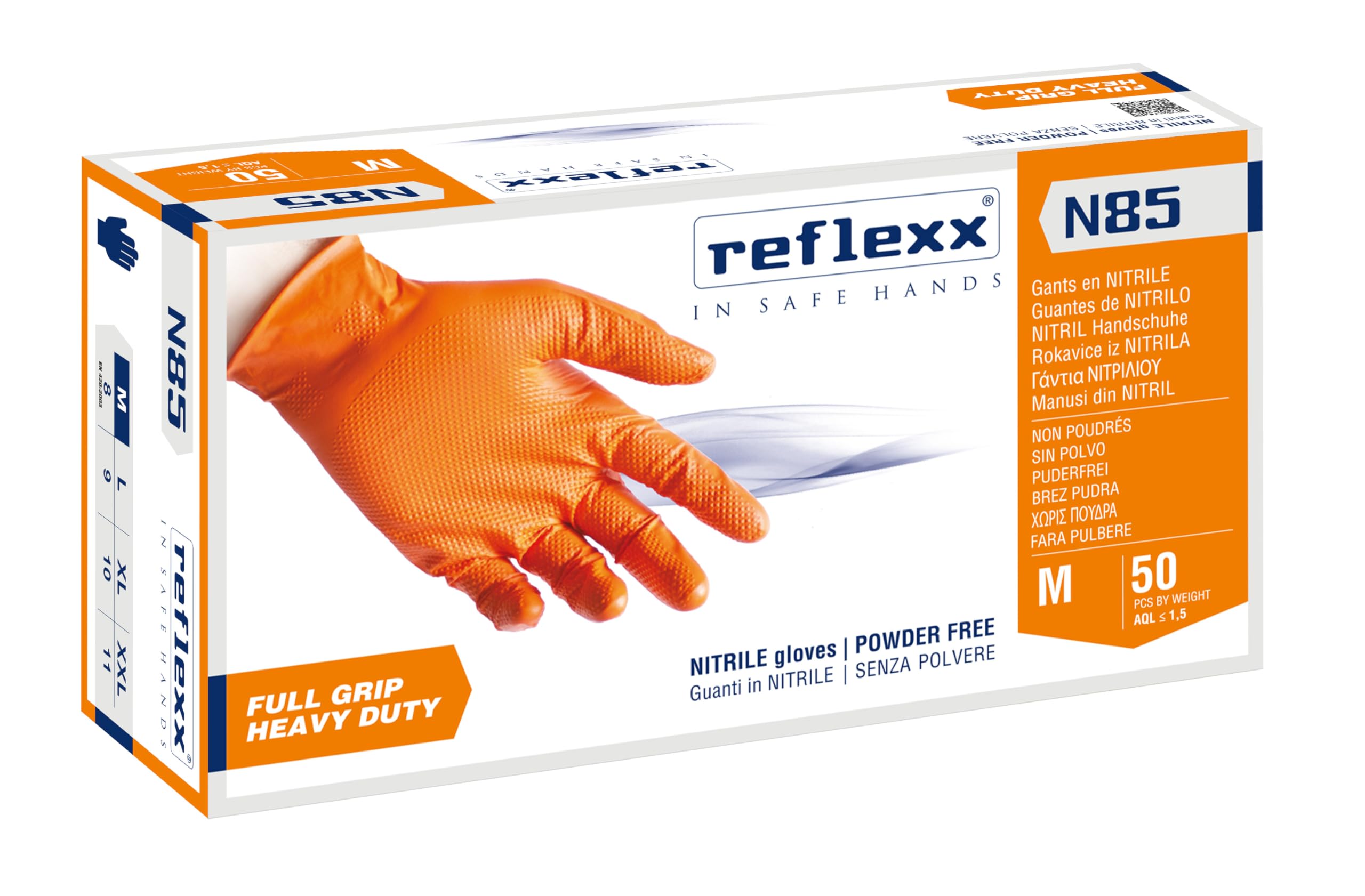 Reflexx N85 rękawiczki nitrylowe z pełnym uchwytem | wytrzymałe, M, arancione, 50