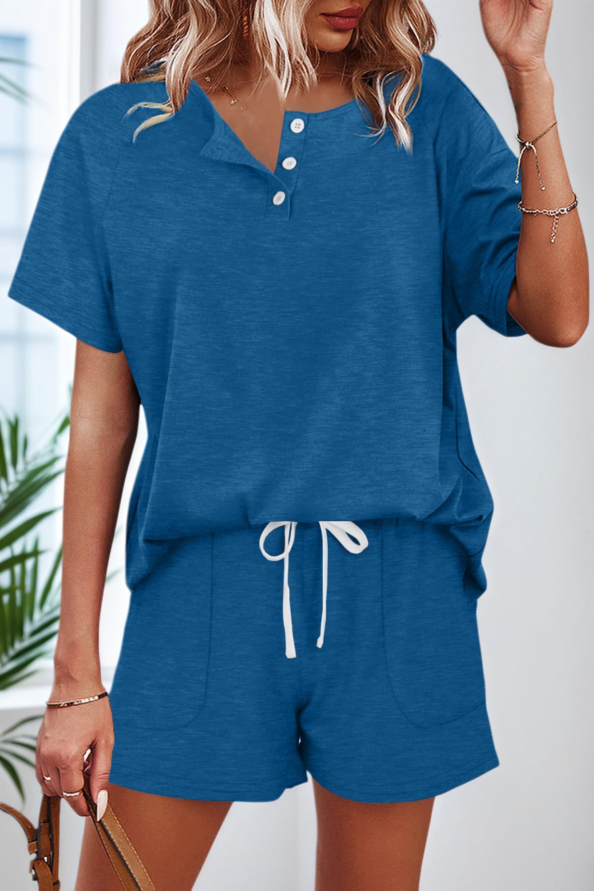 Womens Summer Vacation Outfits Lounge Sets Button Down Top and Shorts Set Sweatsuits with Pockets