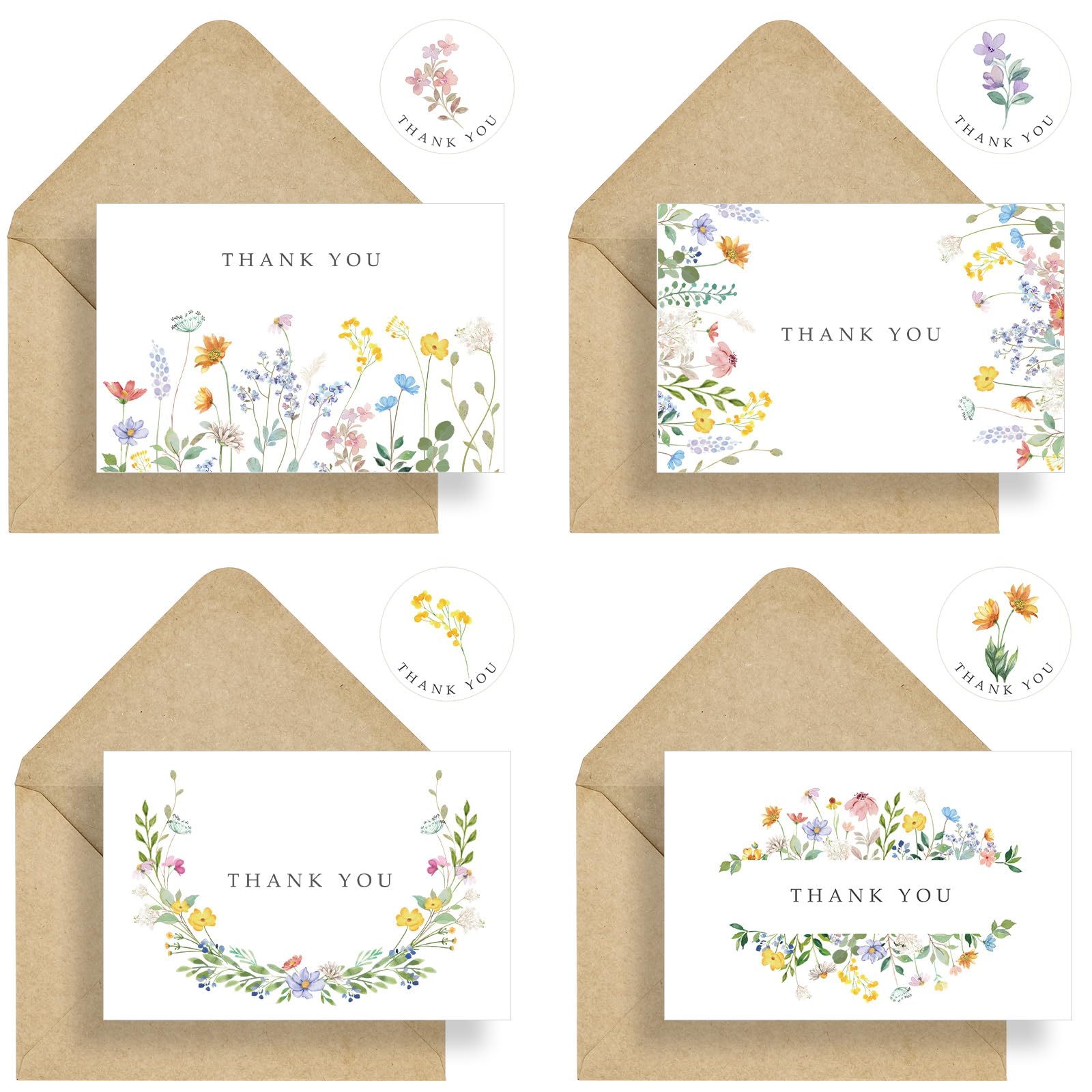 Paquete De 100 Tarjetas Agradecimiento Florales Con Sobres, Notas Flores Silvestres En Acuarela Sobres Papel Kraft Para Cumpleaños, Boda, Shower, Despedida, Baby