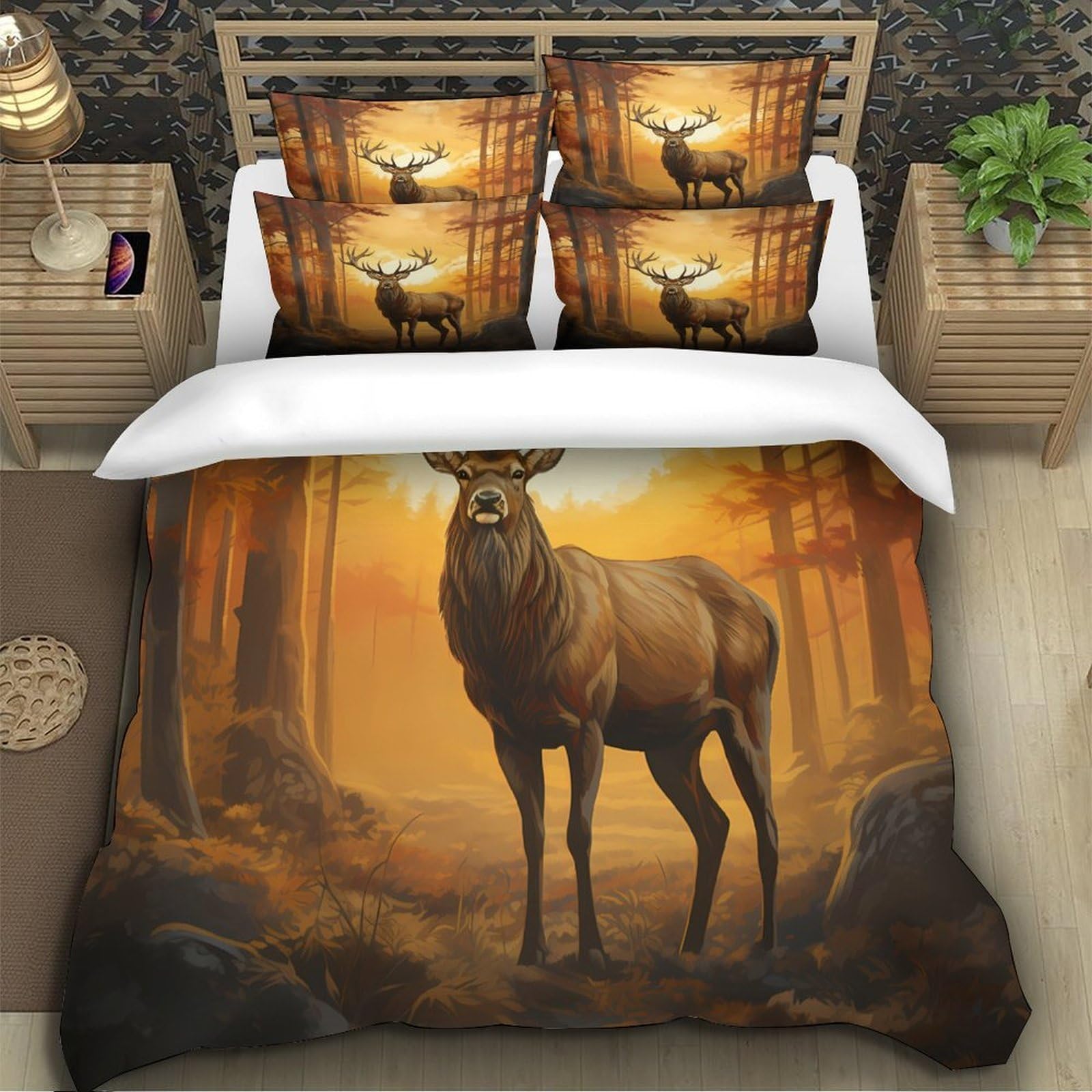 Cervo Silvestre Copripiumino 3D Stampato Microfibra Morbida Arredo Camera Set Biancheria Coppia Animali Foresta Traspirante per Adulti Giovani Super king（260x220cm）