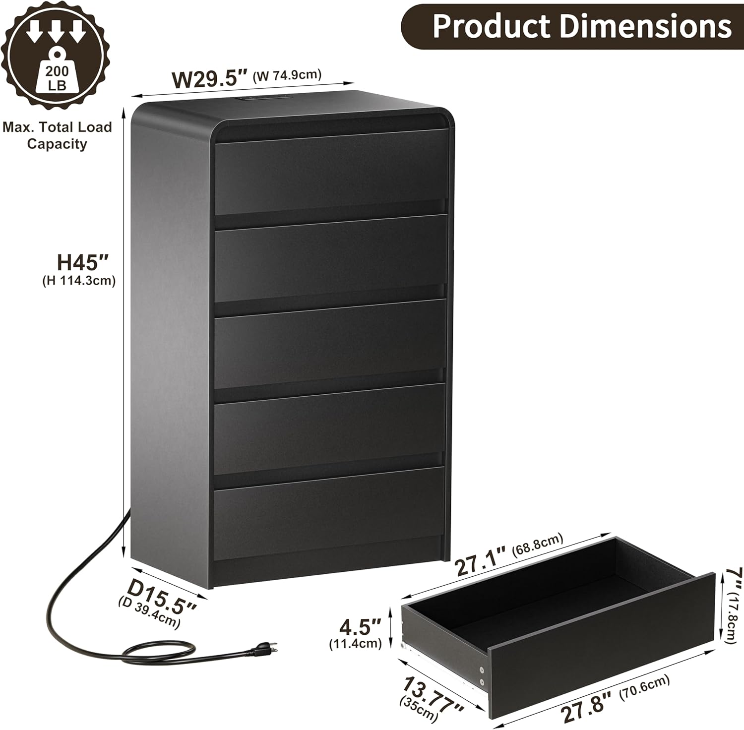 Dresser for Bedroom Wood with 5 Drawers Modern Chest of Drawers for Closet 45" Tall Dresser TV Stand with Storage Curved Design Dressers for Bedroom, Living Room, Hallway (Black)