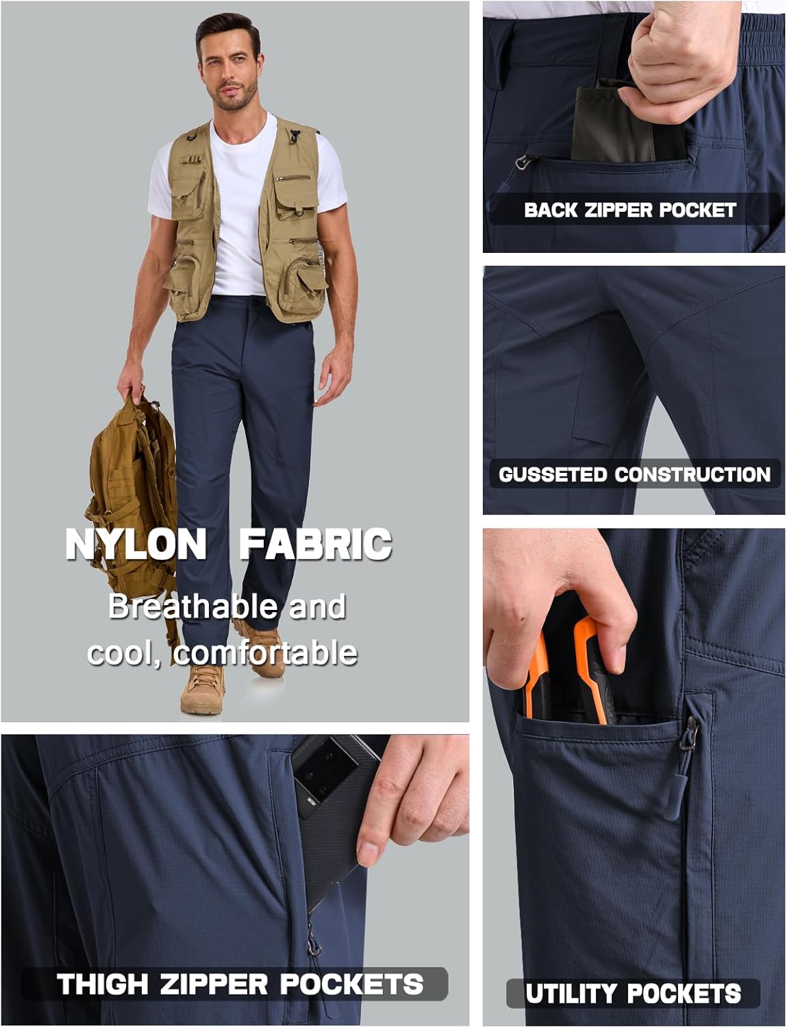 Mens Lightweight Cargo Hiking Patns Outdoor Quick Dry Work Tactical Pants with 6 Pockets Water Resistant Fishing Travel Pants