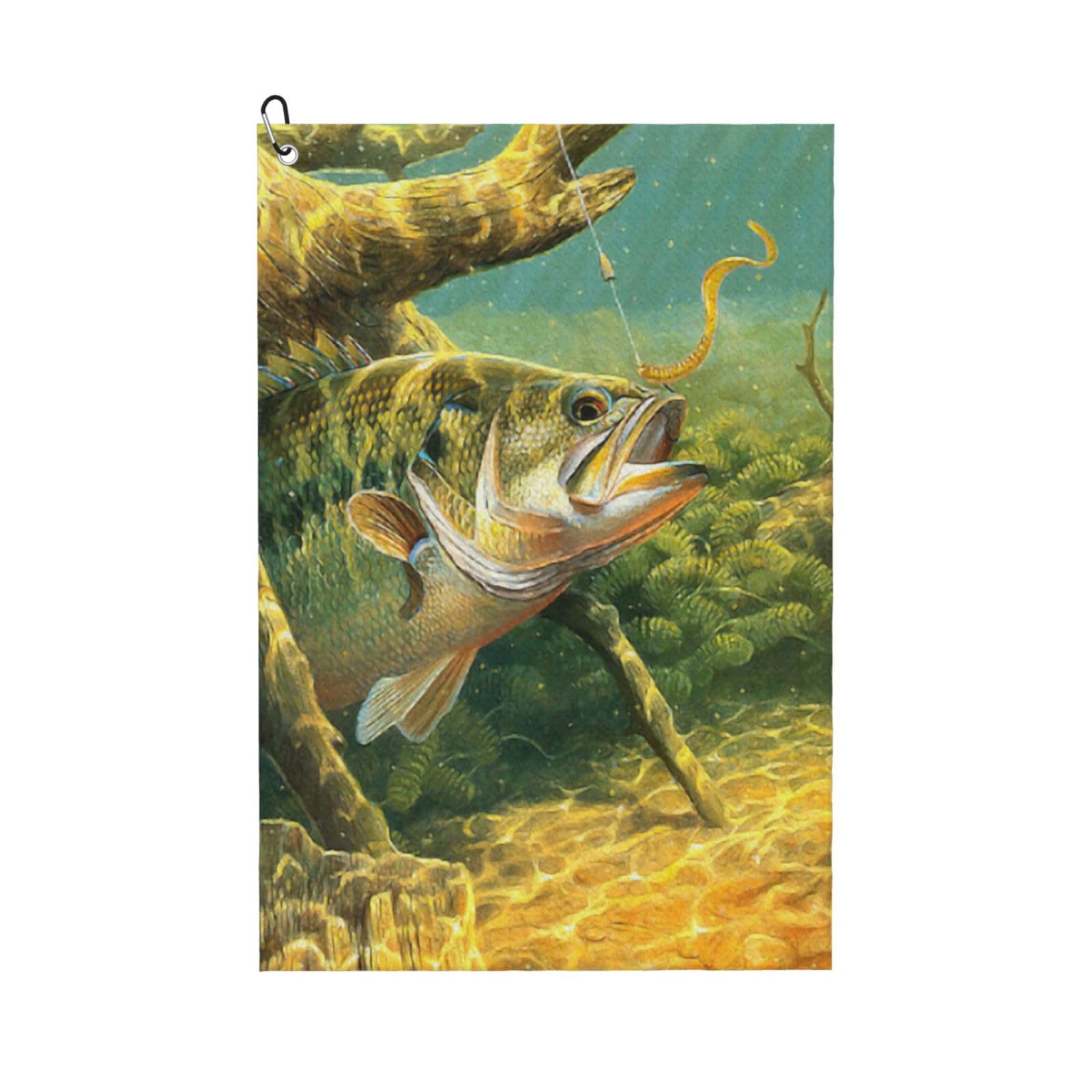 Hnnkloy Bass Fish Fishing Printed, 16x24 in Portable Waffle Golf Towels with Carabiner Clip for Golf Bag
