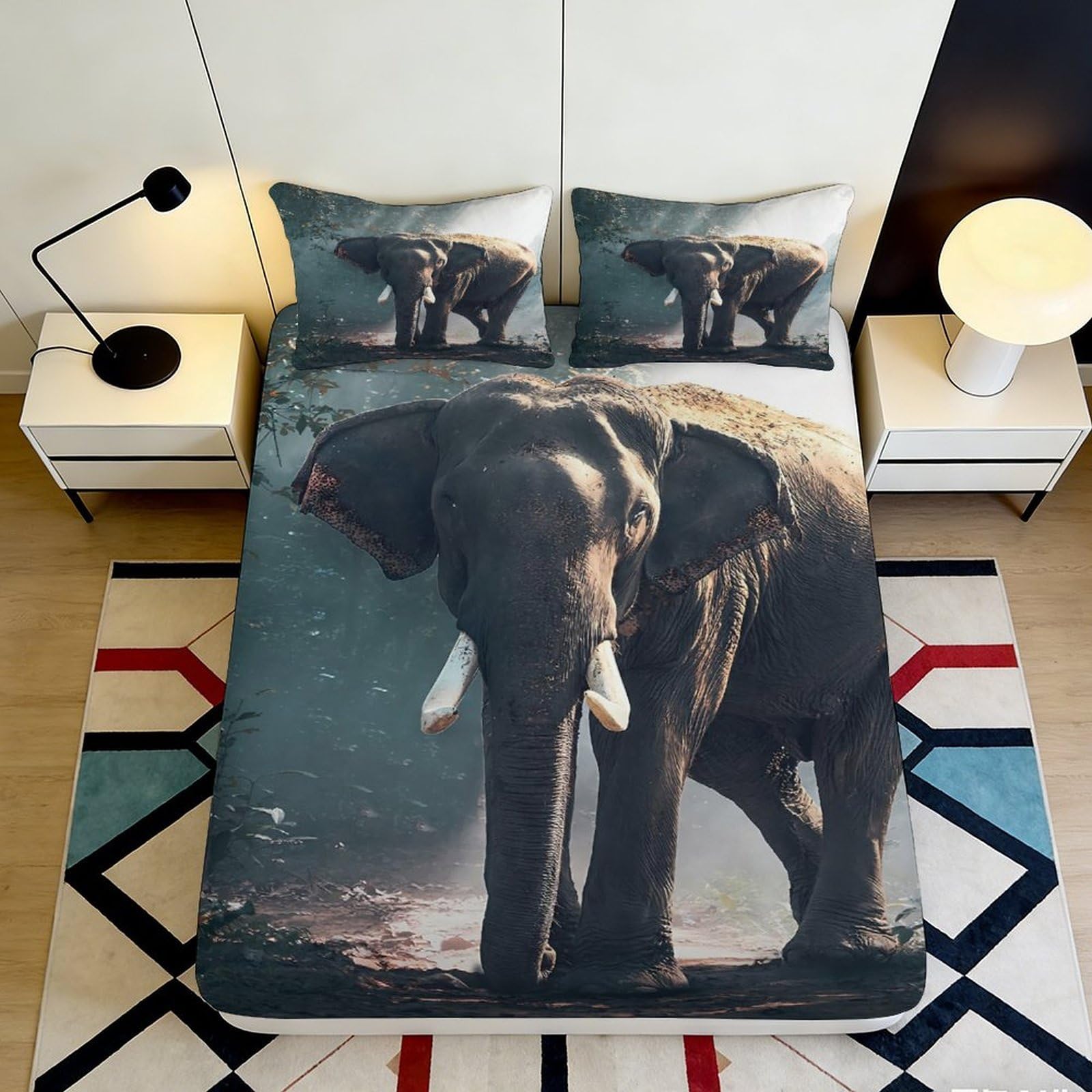 3D Printed Elephant Fitted Sheet Microfiber Soft Durable Forest Animal Bed Cover for Bedroom Guest Room Mattress Protection Decoration 140x200x25cm