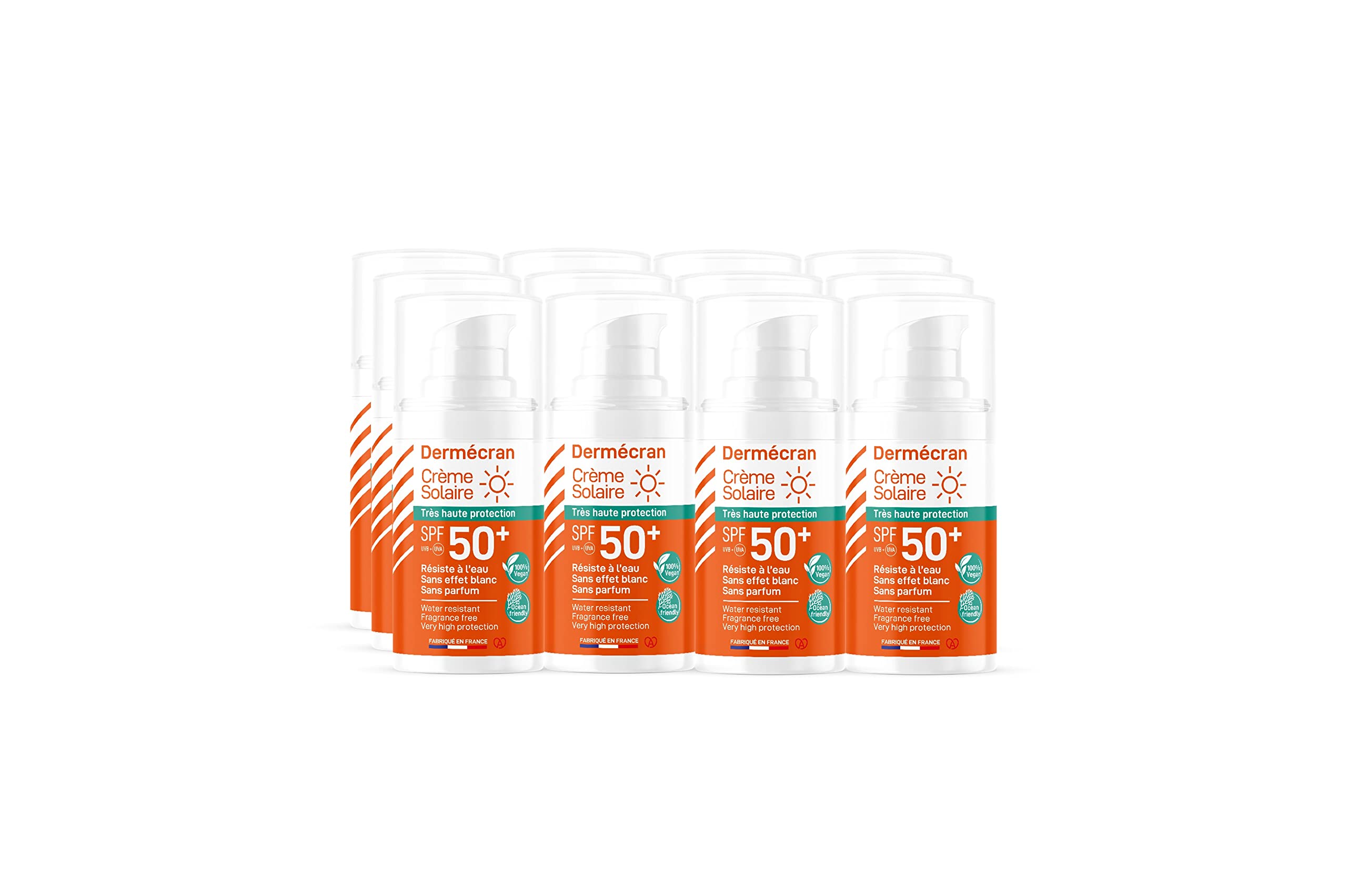 12 Stück – Dermécran – Sonnencreme SPF50+ – Gesicht und Körper – Formel Vegan & Ocean Friendly – wasserfest – für die ganze Familie ab 3 Jahren – Taschenformat 15