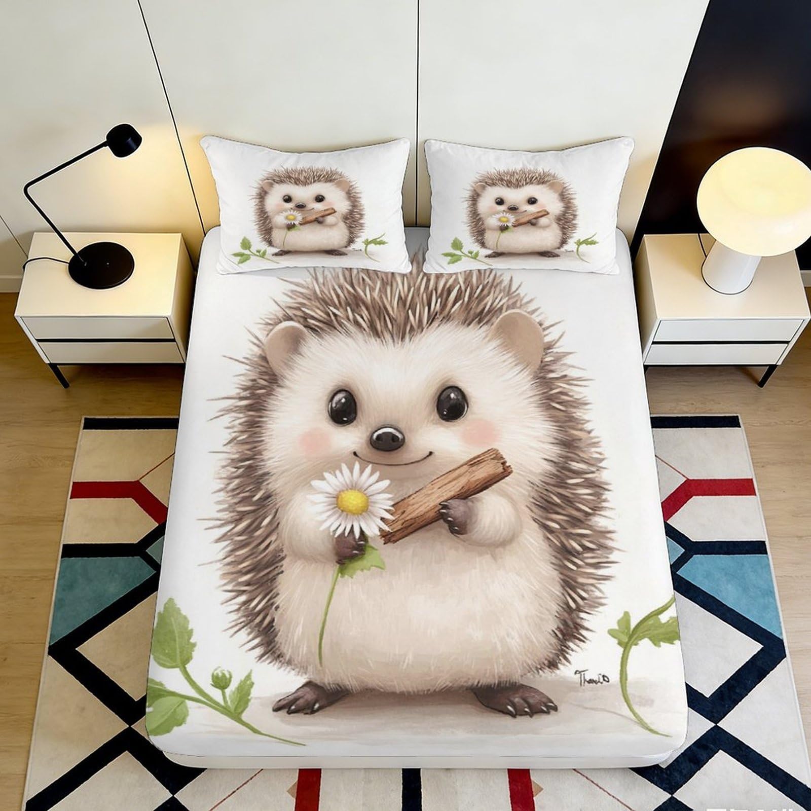 3D Printed Hedgehog Fitted Sheet Microfiber Deep Pocket Bedding Hedgehog Mattress Fitted Cover Elastic Hem for Adults Teens 90x200x25cm