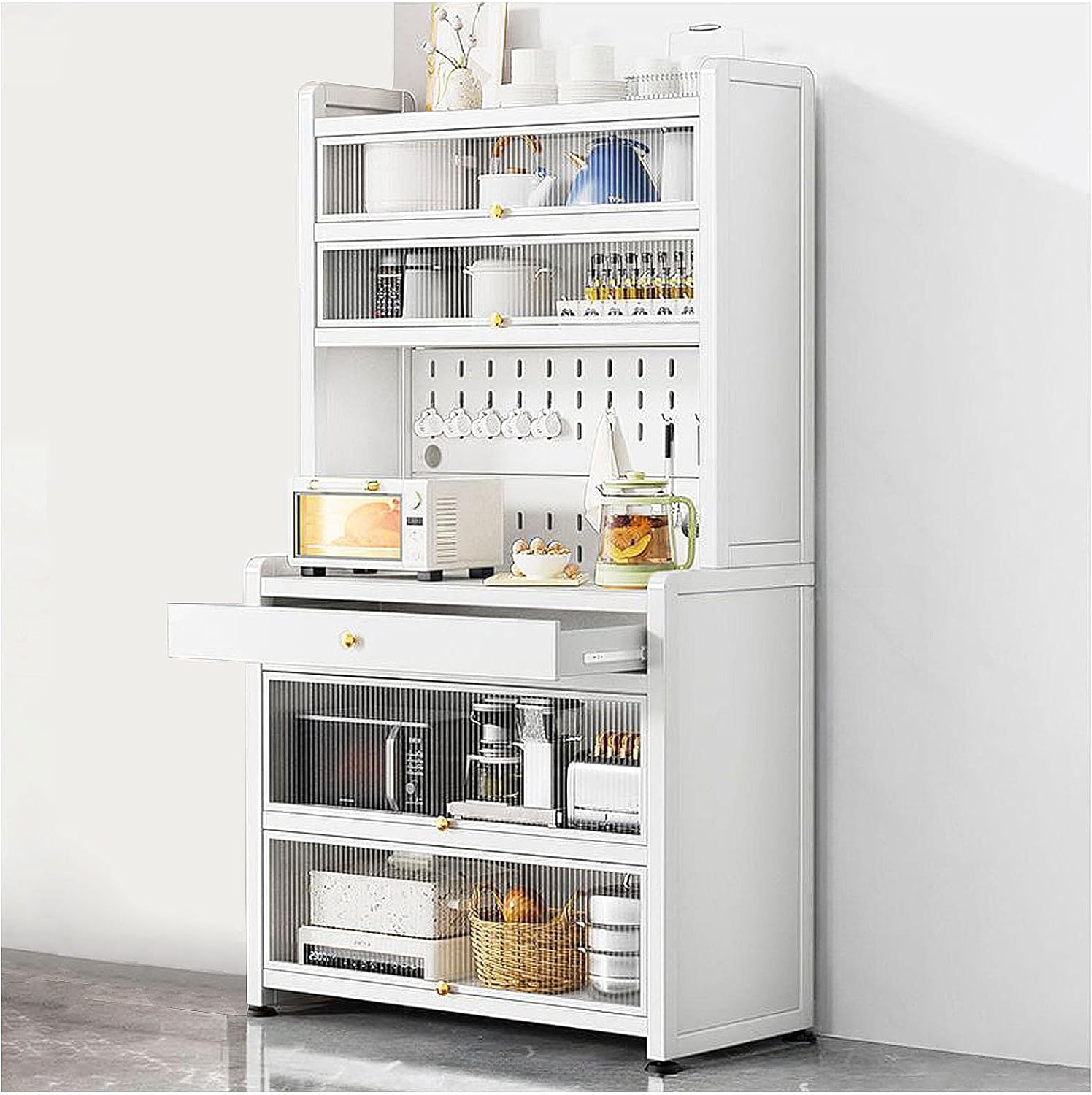 Freestanding Multi-Layer Kitchen Floor Cupboard，Black Freestanding Kitchen Pantry Hutch with Drawer and Wheels Dining Room Storage Cabinet with Hanging Shelves and Coffee Bar Cupboard Modern