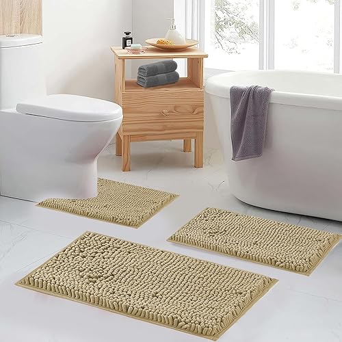 Miniatura 2 de Juego de 3 alfombras de baño ultrasuaves color beige, juego de alfombras de baño de felpilla gruesa, antideslizantes, para baño, inodoro,