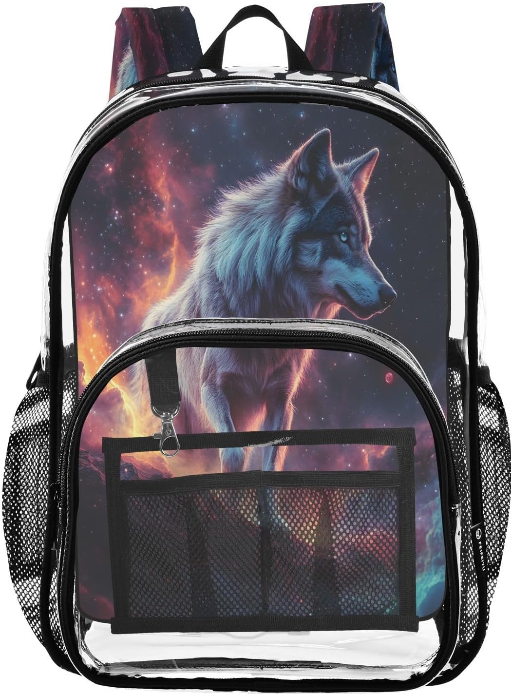Funny Galaxy Nebula Sky Wolf Clear Backpack Heavy Duty See Through Transparent PVC BookBag for Kids Boy Girl Adult School Work