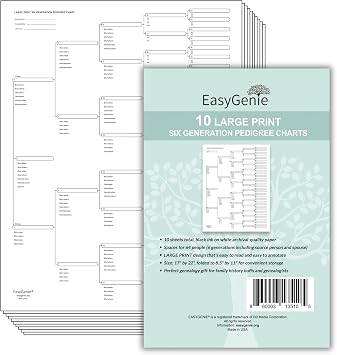 EASYGENIE 10 LARGE PRINT Six Generation Pedigree Charts for Family History | Archival-Quality Genealogy Forms