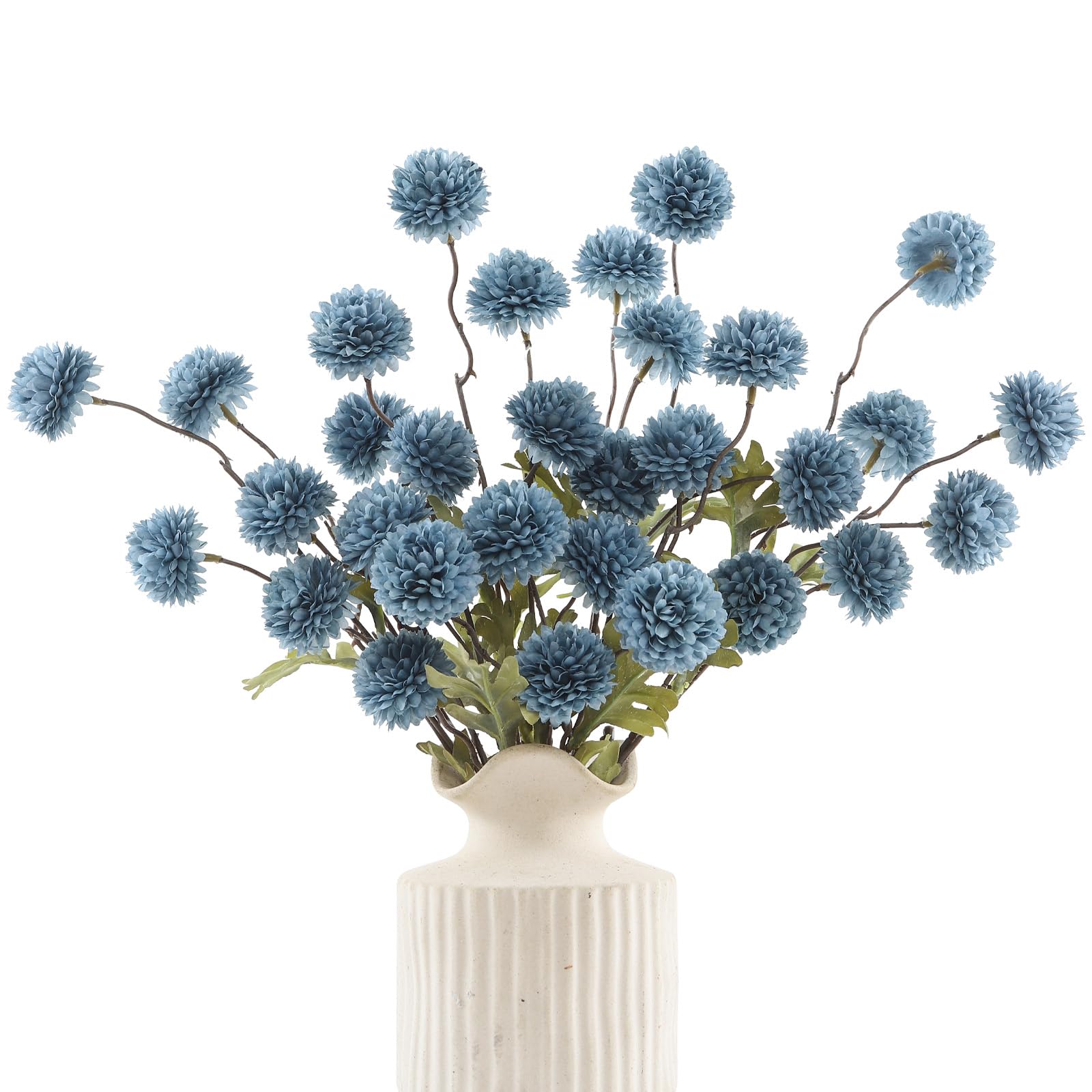 DuHouse 6pcs Artificial Pompon Mum Flowers with Stems, Faux Silk Mini Chrysanthemum Ball for Home Decoration, Bouquets, Table Centrepieces, DIY Floral Crafts(Dusty Blue)