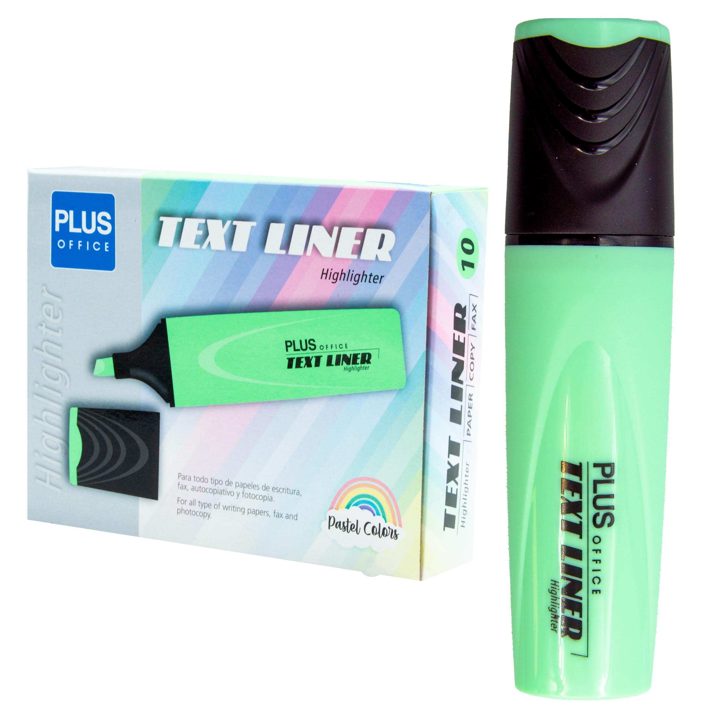 Plus Office Pastel Highlighters, Marker Pen with Beveled Tip, Pack of 10 Water-Based Phosphorescent Markers, Pastel Colour (Green)