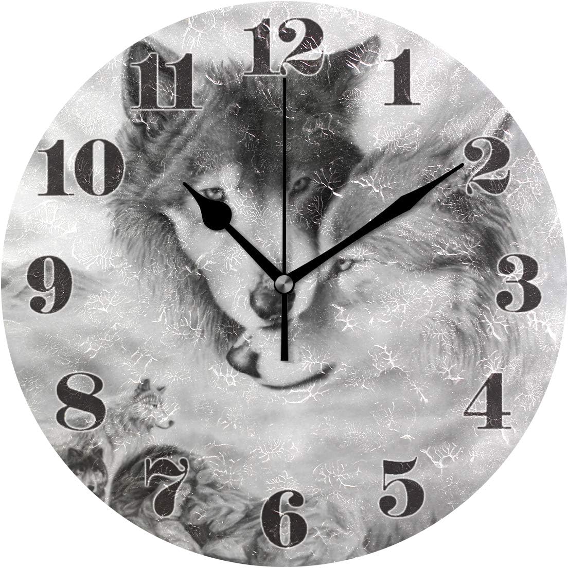 senya Wall Clock Silent Non Ticking, Round Wolf Animal Art Clock for Home Bedroom Office Easy to Read