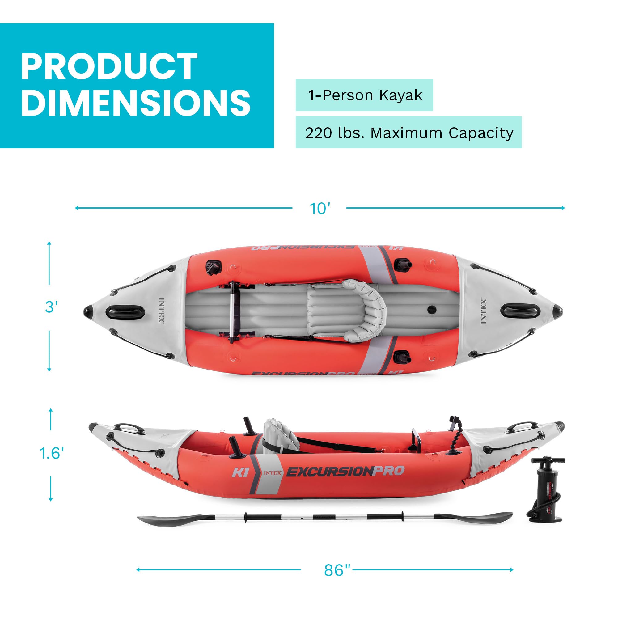 INTEX 68303EP Excursion Pro K1 Inflatable Kayak Set: Includes Deluxe 86in Aluminum Oars and High-Output Pump – SuperTough PVC – Adjustable Bucket Seat – 1-Person – 220lb Weight Capacity — Amazon image 3