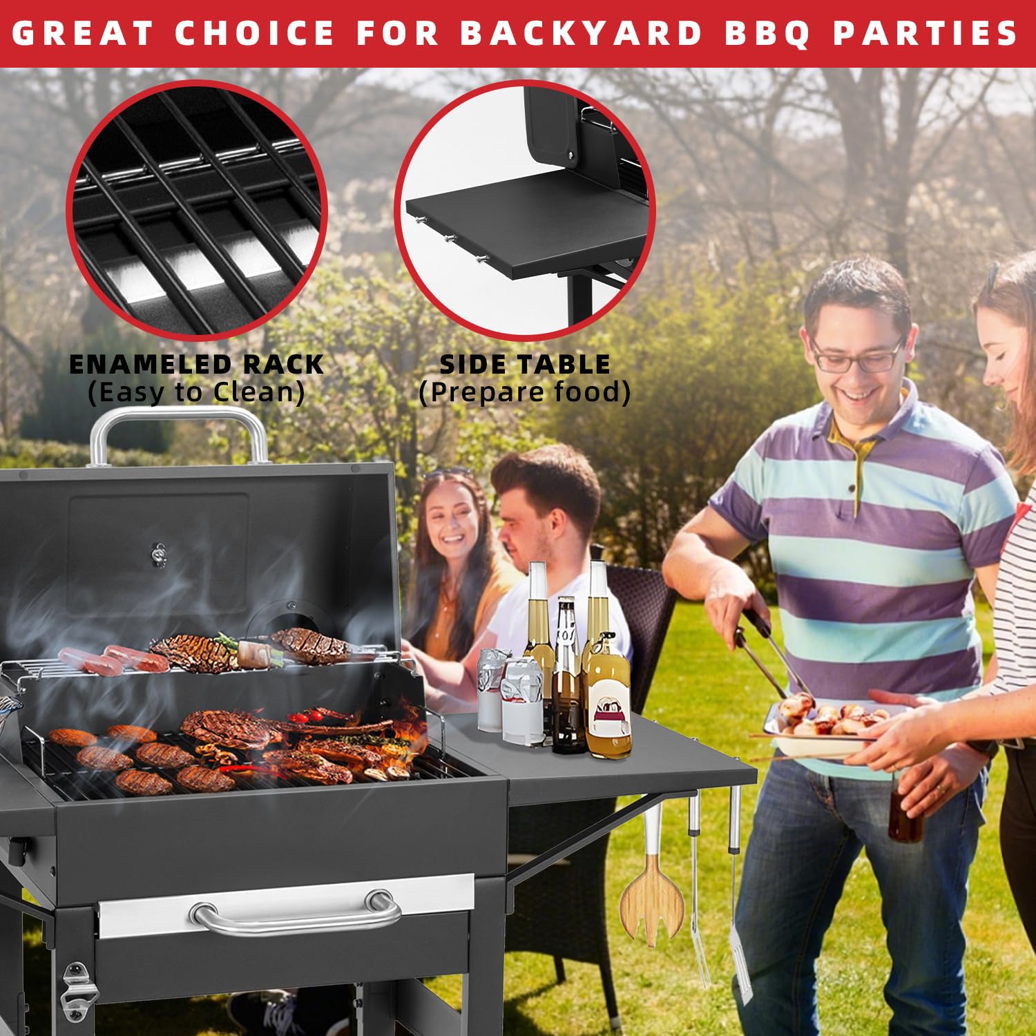 Holzkohlegrill Groß mit Deckel und Gusseisen Grillrost – Edelstahl Grillwagen für Outdoor Garten, Camping BBQ & Smoker
