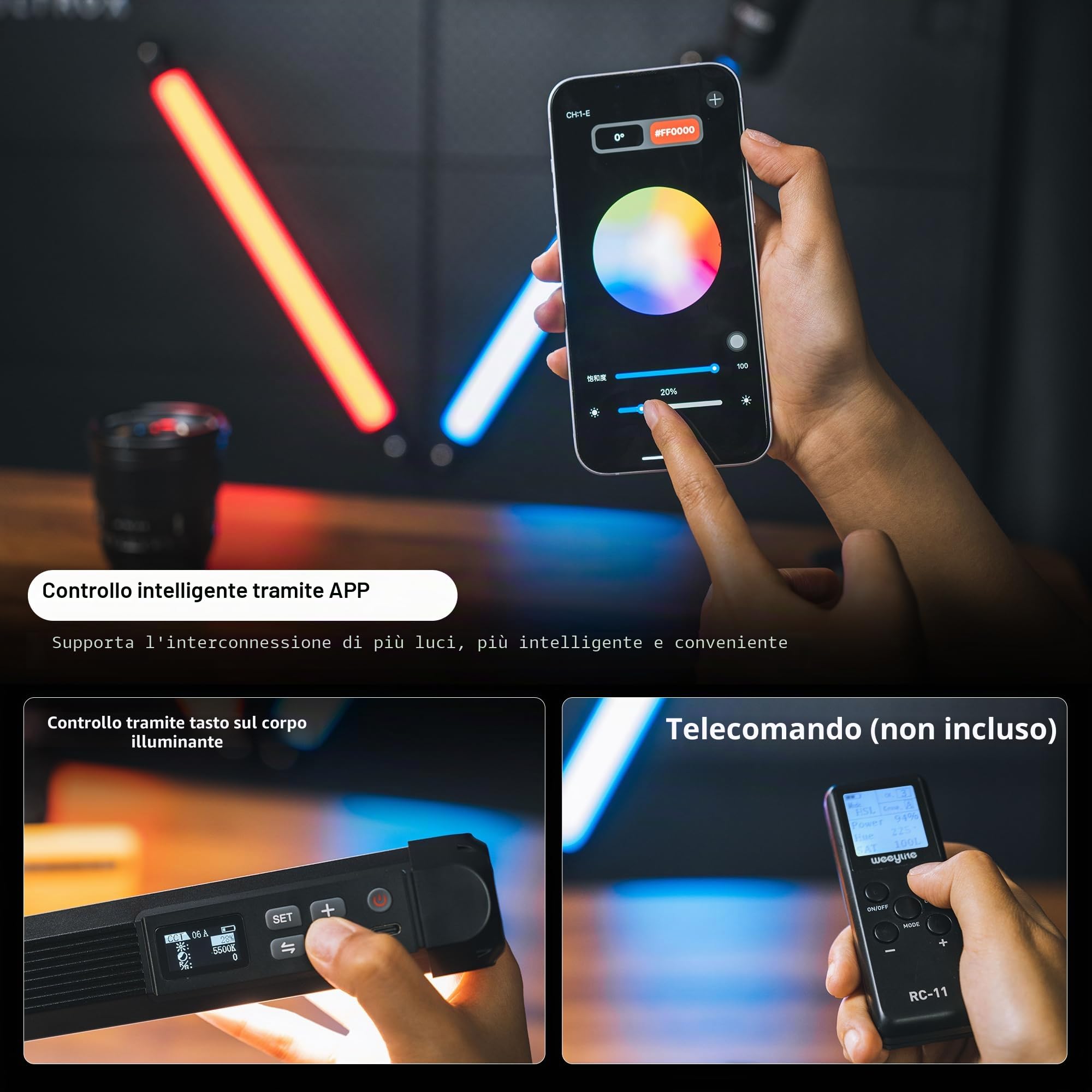 VILTROX K60 - Confezione da 2 luci LED RGB con controllo APP, palmare a 360° RGB tubo luce bacchetta per fotografia, dimmerabile 2500K-8500K, CRI97+, 26 scene di luce, display LCD, batteria 2200 mAh