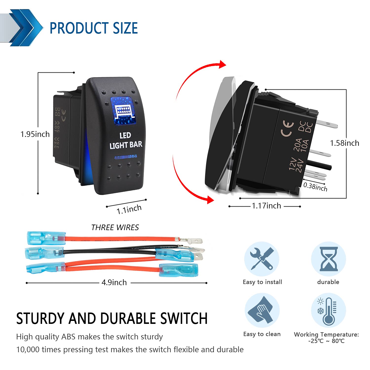 KEING LED Light Bar Waterproof Rocker Switch Toggle - ON/Off Blue LED Light - 12V 20Amp 24V 10Amp, 5 Pin for Automotive Cars Vehicles Marine Boats Trucks Trailers 4x4 Caravans RVs SUV ATV UTV & More