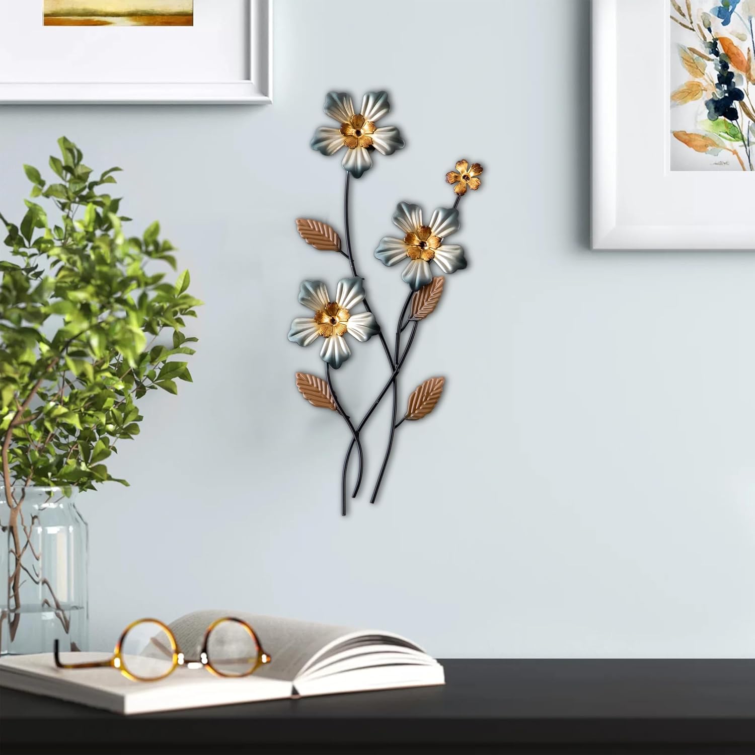 Sintosin Hanging Small Metal Flower Wall Art Decor 6 X 15 Inches, Farmhouse Gold and Black Floral Metal Wall Art for Bedroom, Unique Silver Wall Decor Living Room Entryway Hallway Kitchen Outdoor
