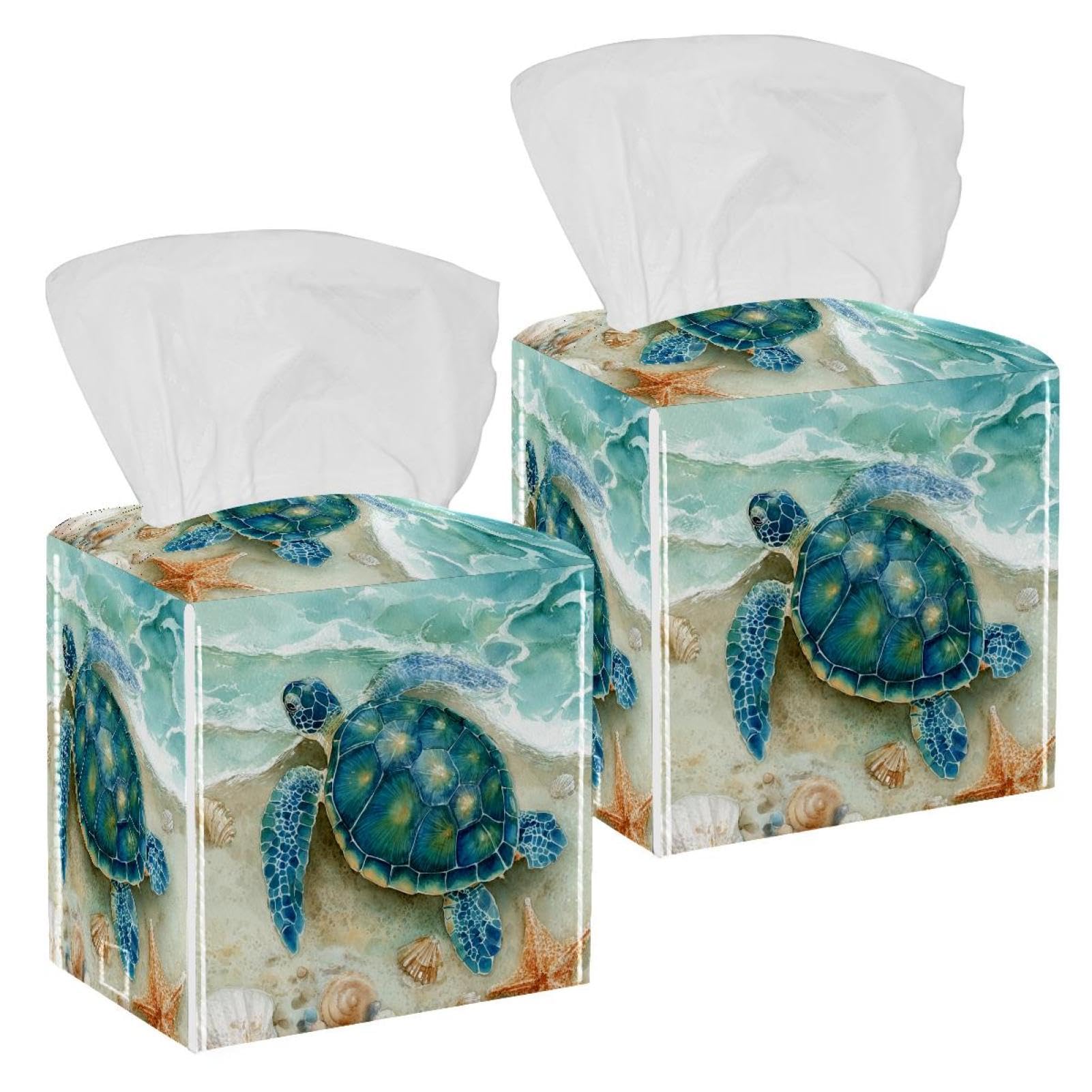 Sea Turtle and Ocean Wave Tissue Box Cover, 2 Pack PU Leather Square Facial Tissue Dispenser Box holder for Home Office Car