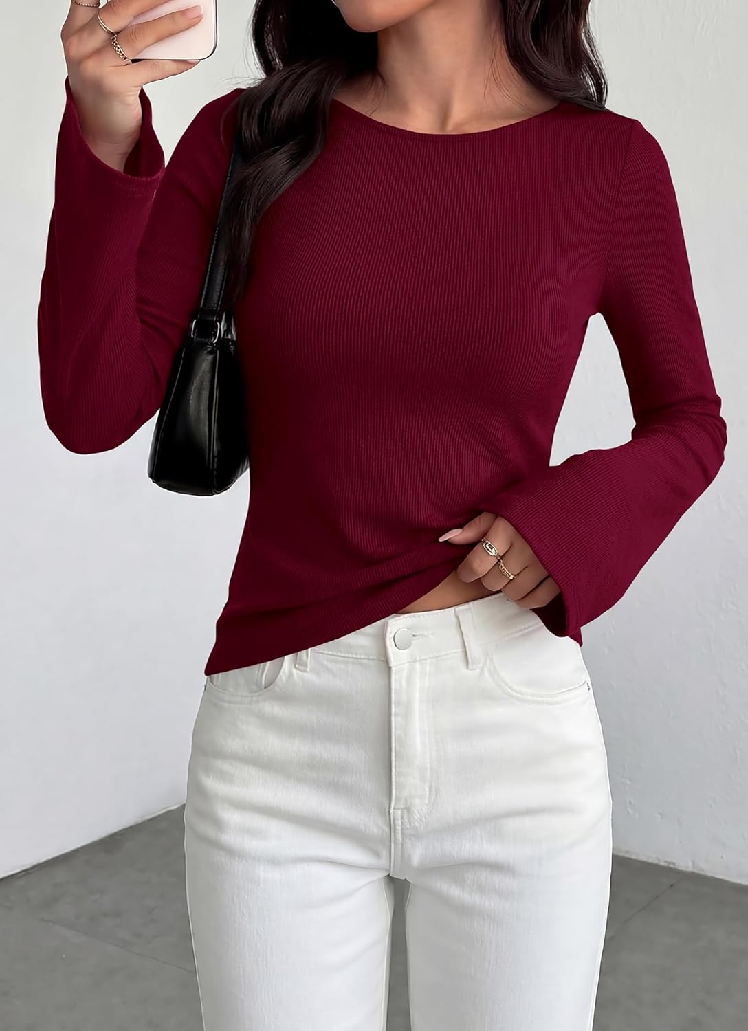 BTFBM Long Sleeve Shirts for Women 2026 Spring Y2K Clothes Casual Boat Neck Bell Sleeve Fitted Fall Going Out Tops - Image 2