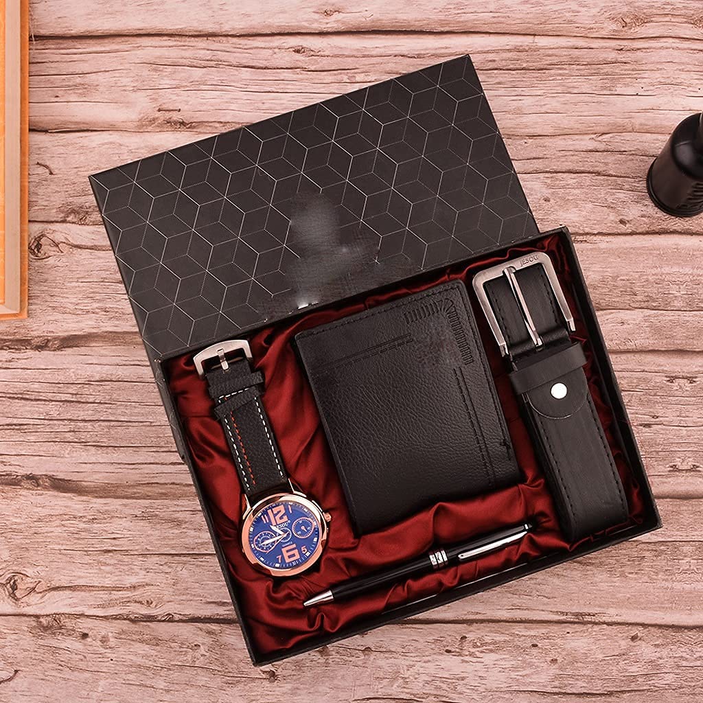 CBERADA Fashionable atmosphere 2021 New 4pcs/set Boutique Gift Set Beautifully Packaged Fashion Watch Men Leather Belt Wallet Pen Gifts for Male Drop Shipping (Color : Black)