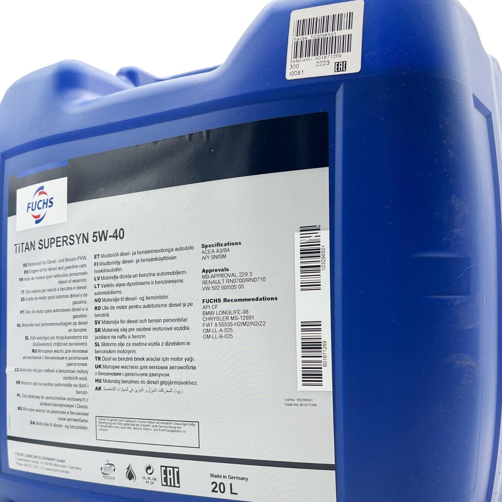 20 L Fuchs SuperSyn 5W40 kompatibel mit | VW502.00| VW505.00 | MB229.3 | RN0700 | RN0710 | 20 Liter | 5W-40 | ACEA A3/B4 API SN/SM | Motoröl Motorenöl Öl l Herstellerfreigaben und Empfehlungen