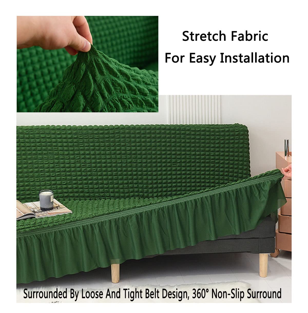 YOPOIY Armlose Sofabettüberzug mit gekräuseltem Stretchrock Sofaüberzug Armless Reich strukturierter Jacquard-Stoff mit kleinen Karos Sofabezug ohne Armlehnen Waschmaschinenfest -grau-150-190cm