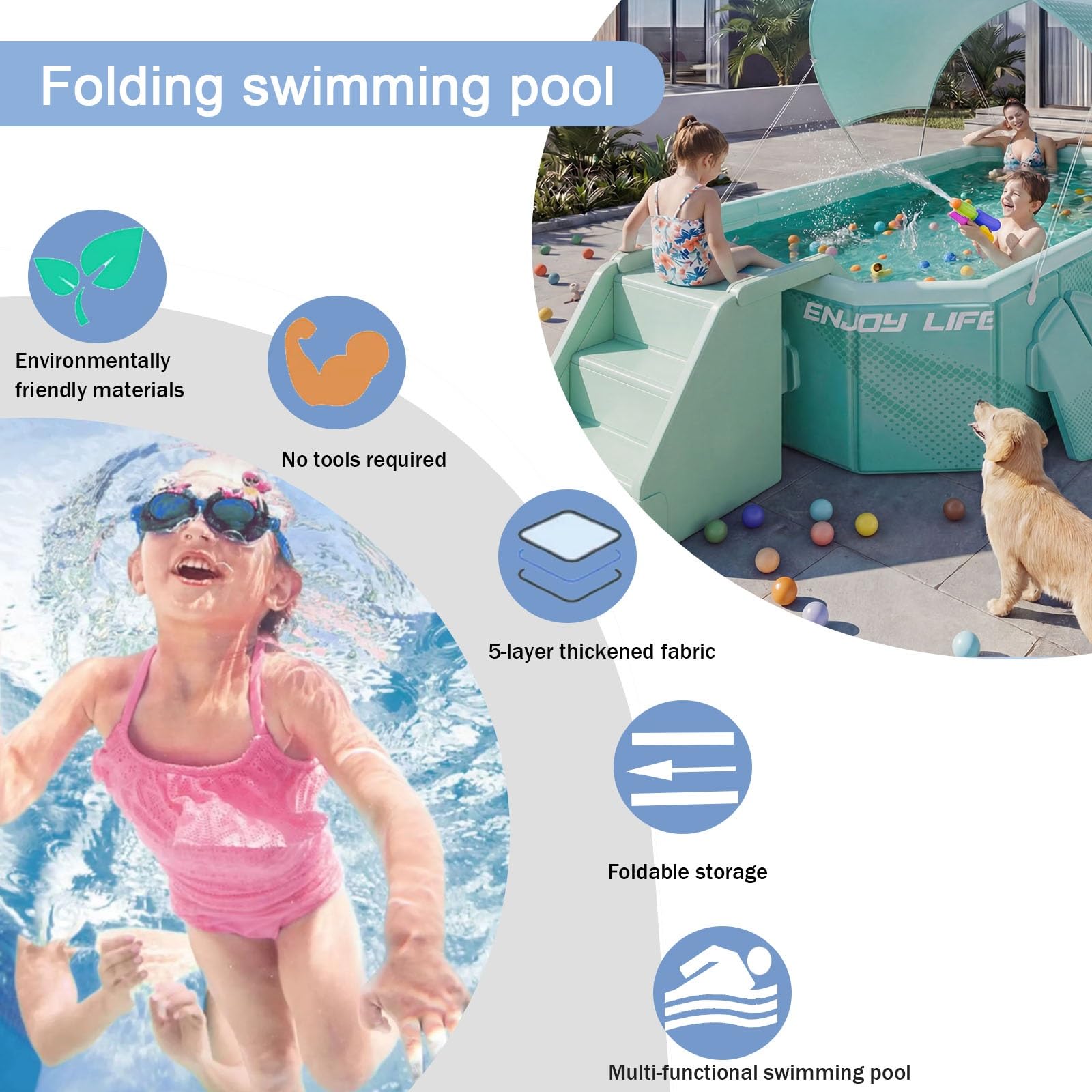 Piscina Pieghevole 148-293 Cm Grande Non Gonfiabile Da Giardino Rettangolare Portatile Per Adulti Piscina Esterna Portatile(293 * 156 * 55cm)