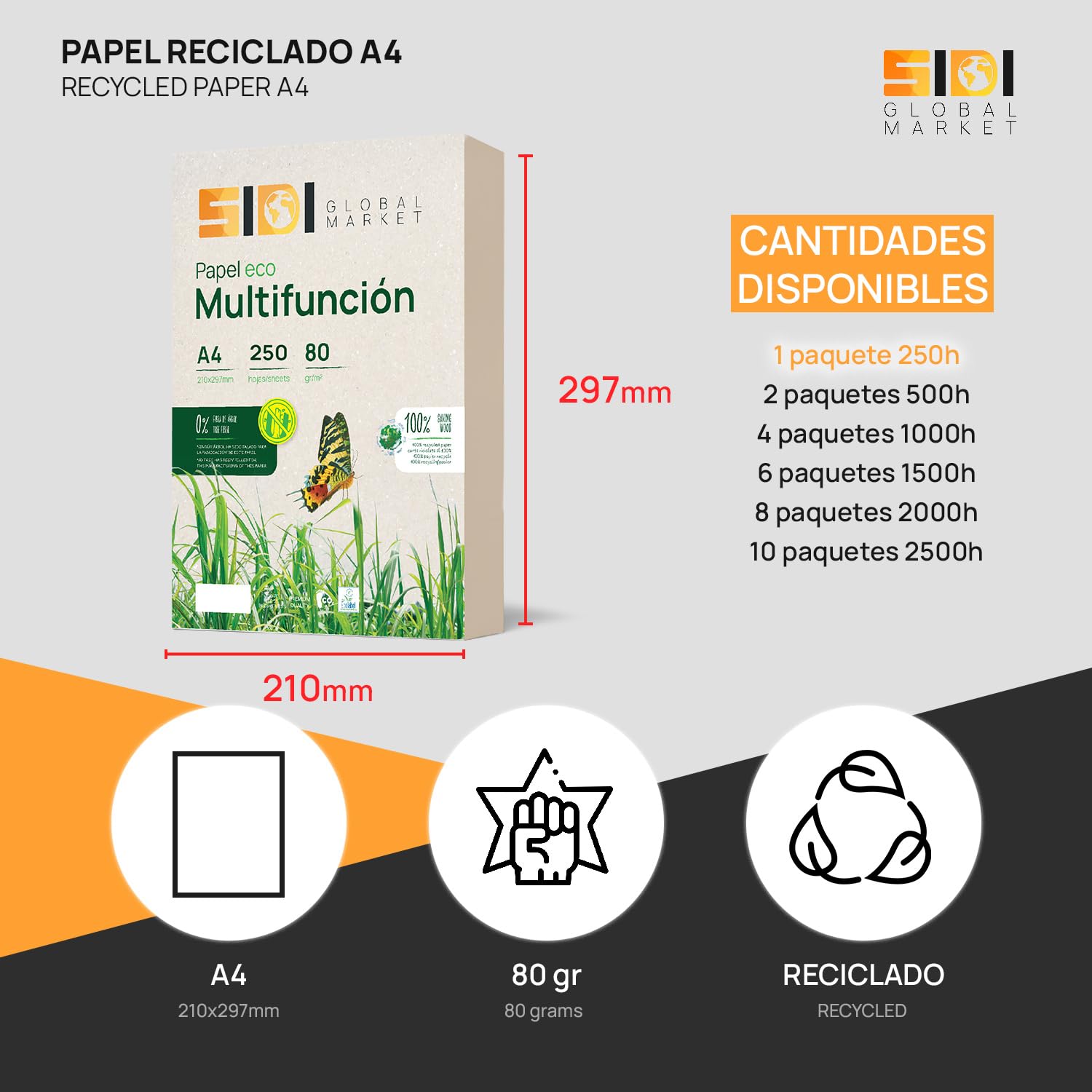 Papel Reciclado, Papel din A4, Paquete de Folios A4 80gr, Hojas para Fotocopias e Impresora, 250 Folios A4 100% Fabricado con Reciclado · SIDI (1 paquete)
