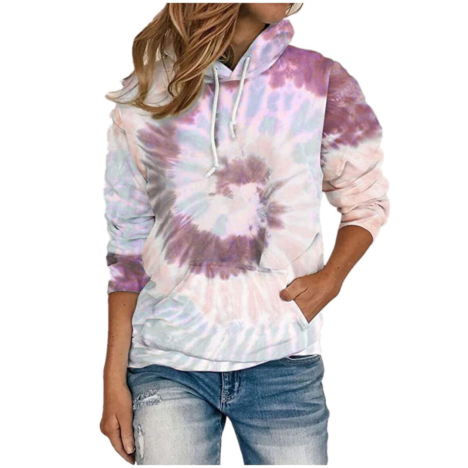 Blczomt Womens Fall Fashion Sweatshirt Tie Dye Print Long Sleeve Casual Hoodies Tops Drawstring Plus Size Gradient Pullover