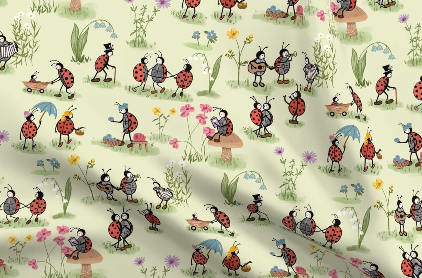 Spoonflower Fabric - Life Vintage Retro Children Ladybugs Kids Summer Printed on Organic Cotton Sateen Fabric by The Yard - Sewing Quilting Apparel Home Decor