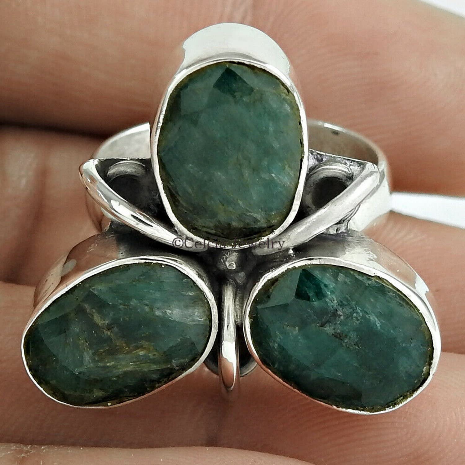 Smaragd-Heiledelstein-Ring, reines 925er Sterlingsilber, grüner Stein, ovaler Ring, Statement-Ring, 3-Stein-Ring, stapelbarer Ring, Mai-Geburtsstein, Valentinstagsgeschenk für sie (Smaragd)