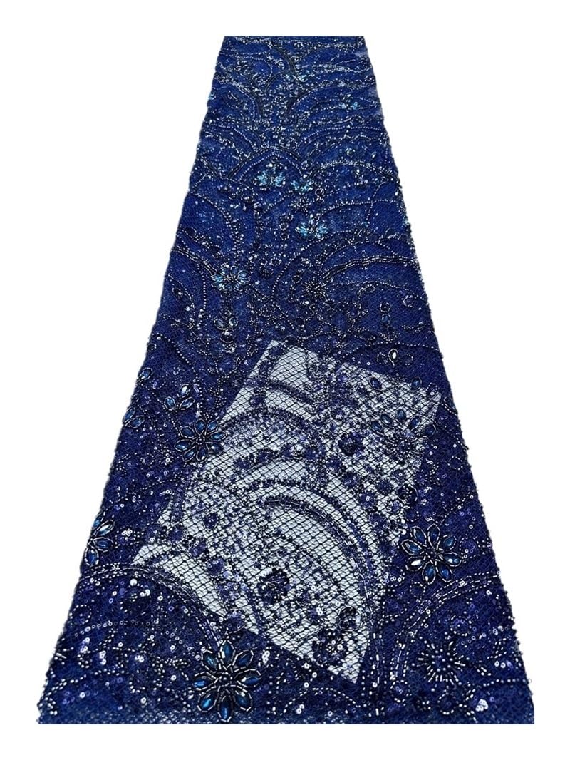 Tela de encaje cortada a medida Lentejuelas con cuentas 5Yds | Tela de encaje, tela con cuentas pesadas de diamantes de imitación, tela de vestir bordada con lentejuelas(Blue)