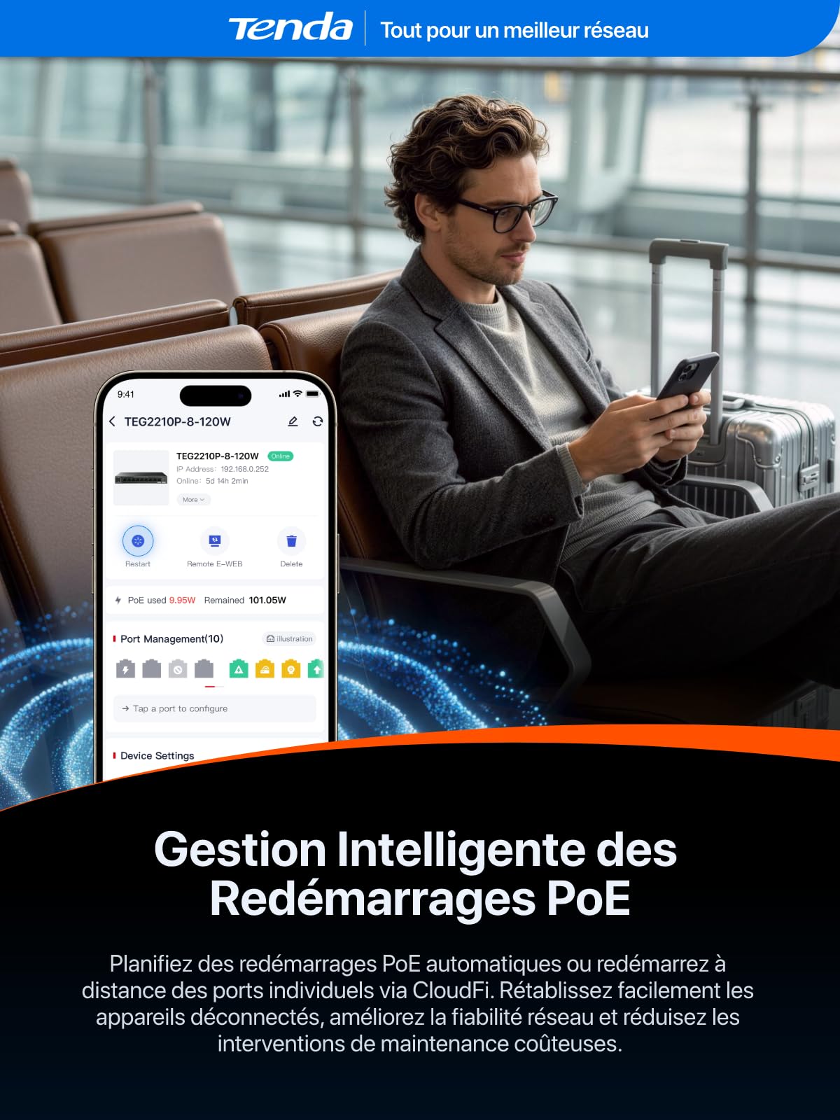 Tenda Switch PoE Gigabit Manageable 8 Ports avec RJ45 Uplink et SFP, 110W