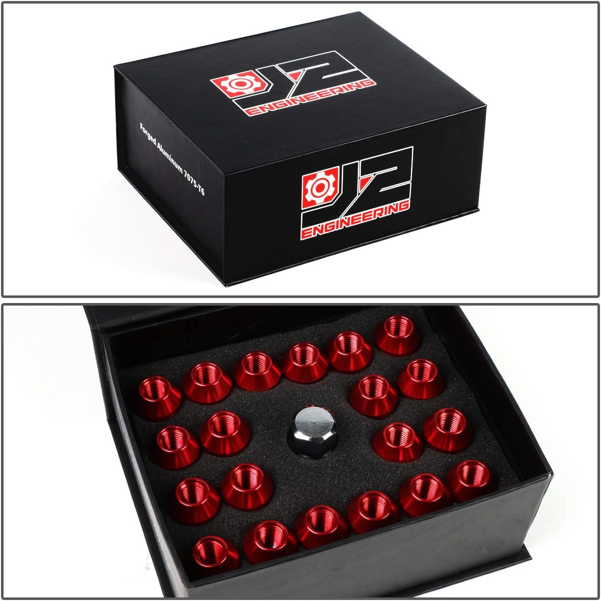 J2 Engineering 20 Pcs 7075 Aluminum Closed End M12 x 1.5 Lug Nuts Set w/Socket Adapter, Red, Fit Conical Seat, LN-T7-006-15-RD