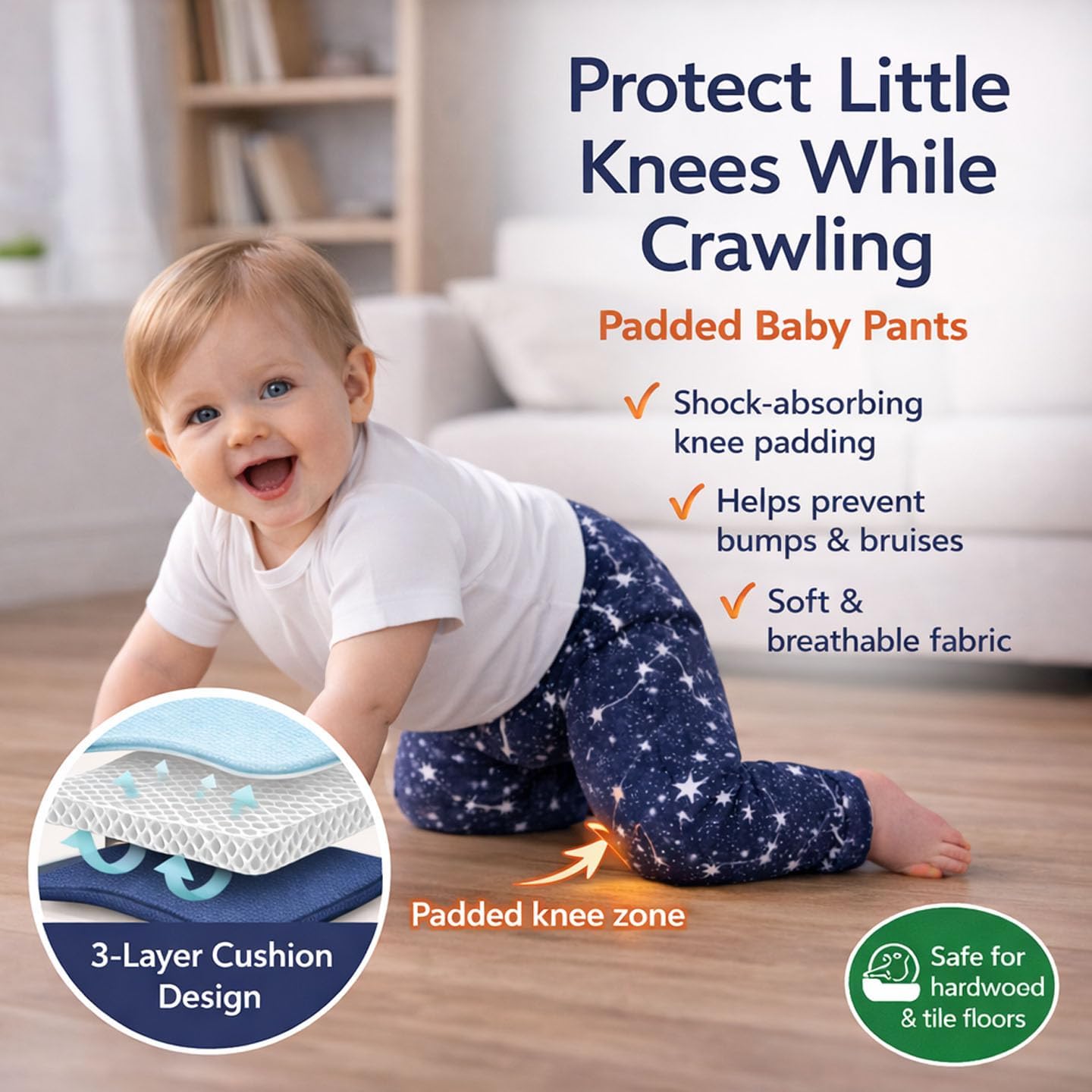 Baby Crawling Pants with Knee Protection, Infant Crawling Leggings, Soft Stretch Cotton