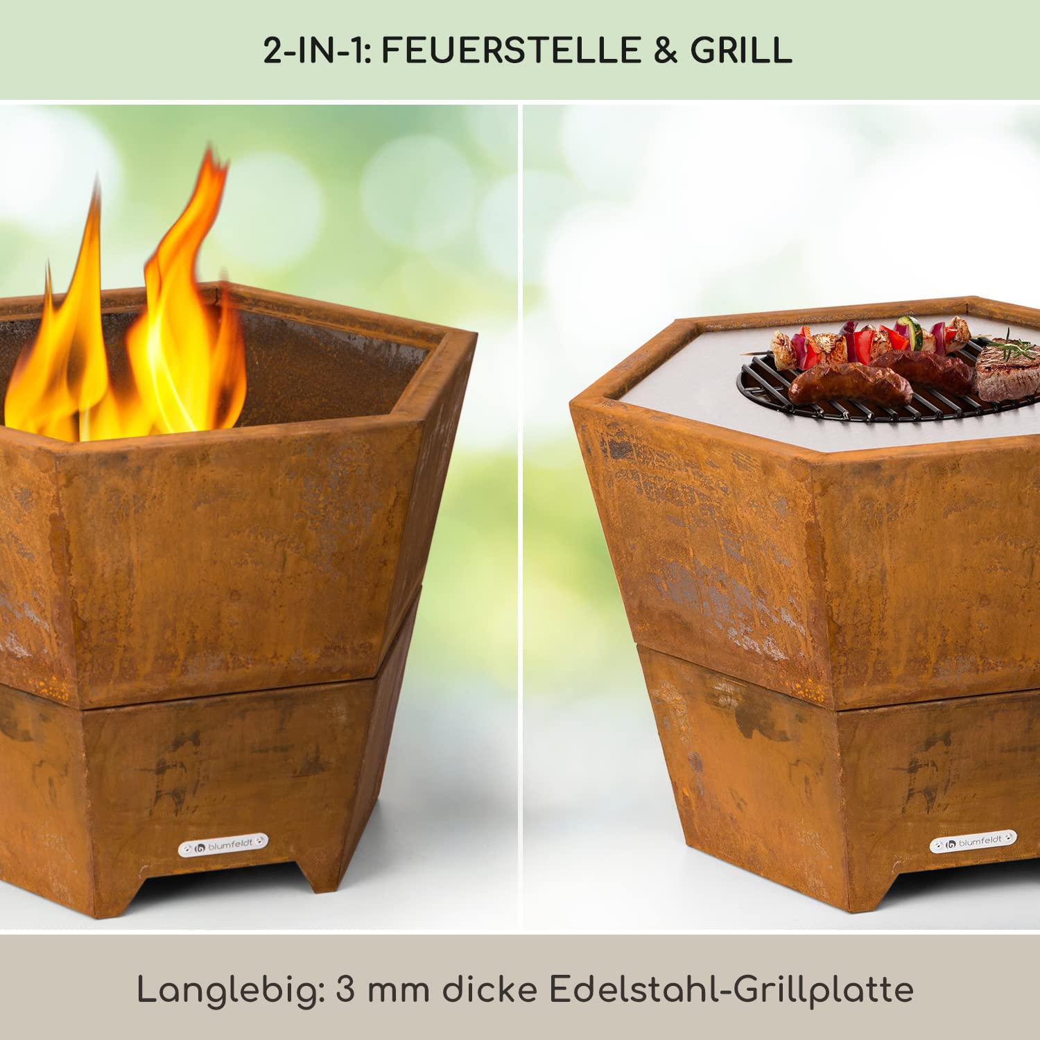 Blumfeldt Feuerschale mit Grillrost, Outdoor Stahl-Feuerschale Groß für Balkon & Camping, Mobile 60 cm, Feuerschalen mit Standfuß, Wetterfeste Sechseckige Feuerstelle