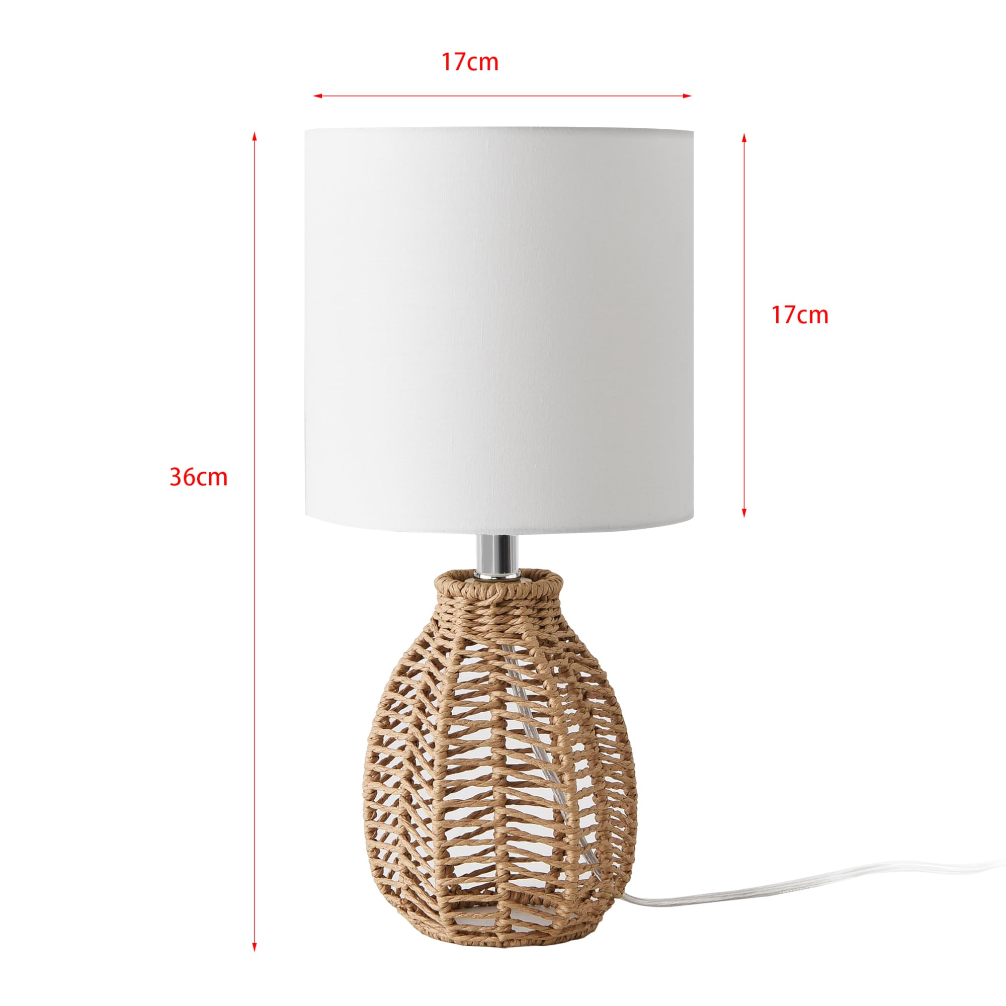lux.pro Lampada da Comodino Lampada da Tavolo con Paralume Cilindrico in Tessuto Bianco Base Lampada con Corda di Iuta E14 40W