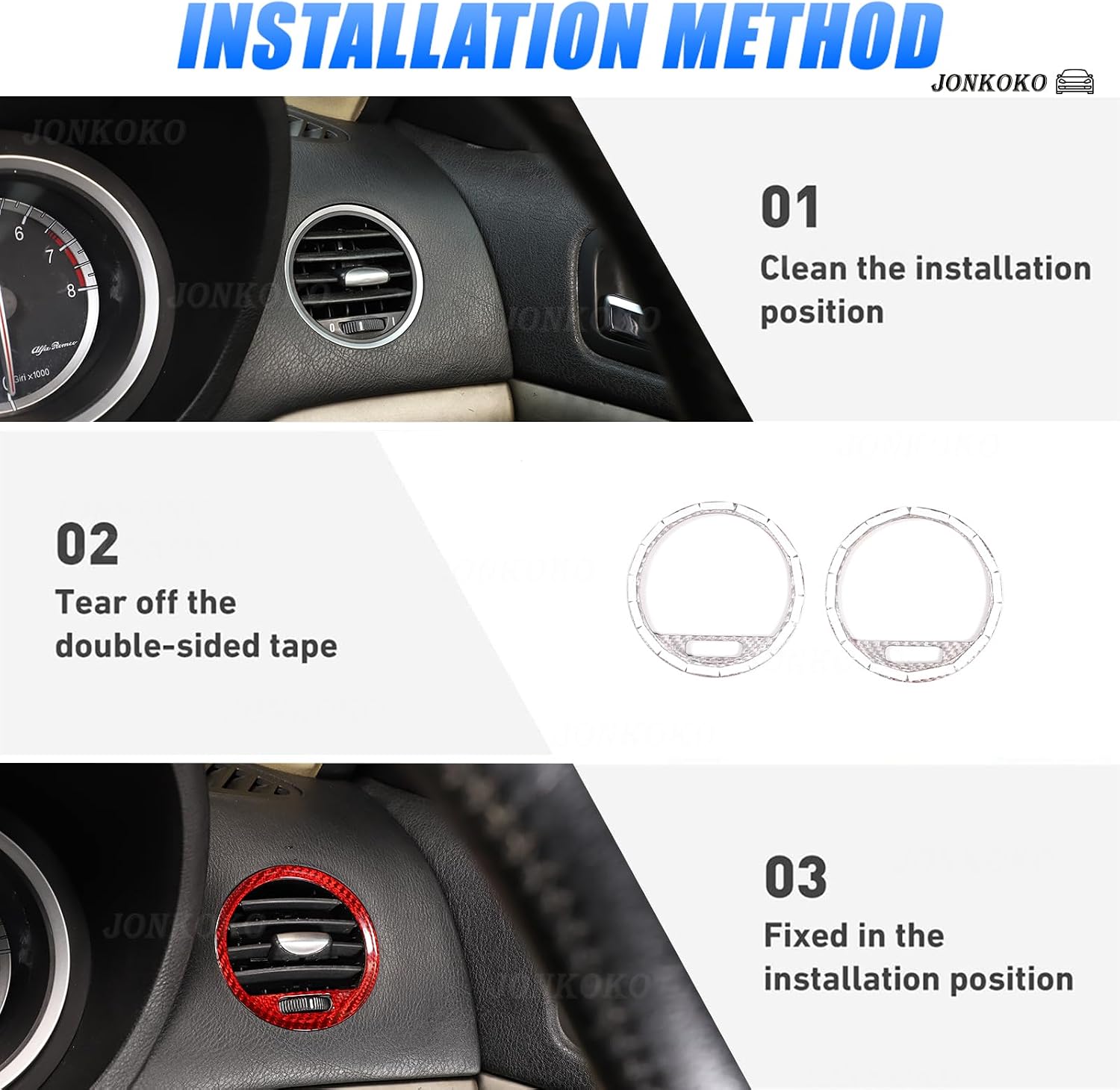 100% Real Carbon Fiber Instrument Console Side Air Conditioning Air Outlet Ring Trim Compatible with Alfa Romeo 159/Brera/Spider 2004-2011 A/C Vent Ring Outer Cover Air Conditioning Outlet Trim(Red)