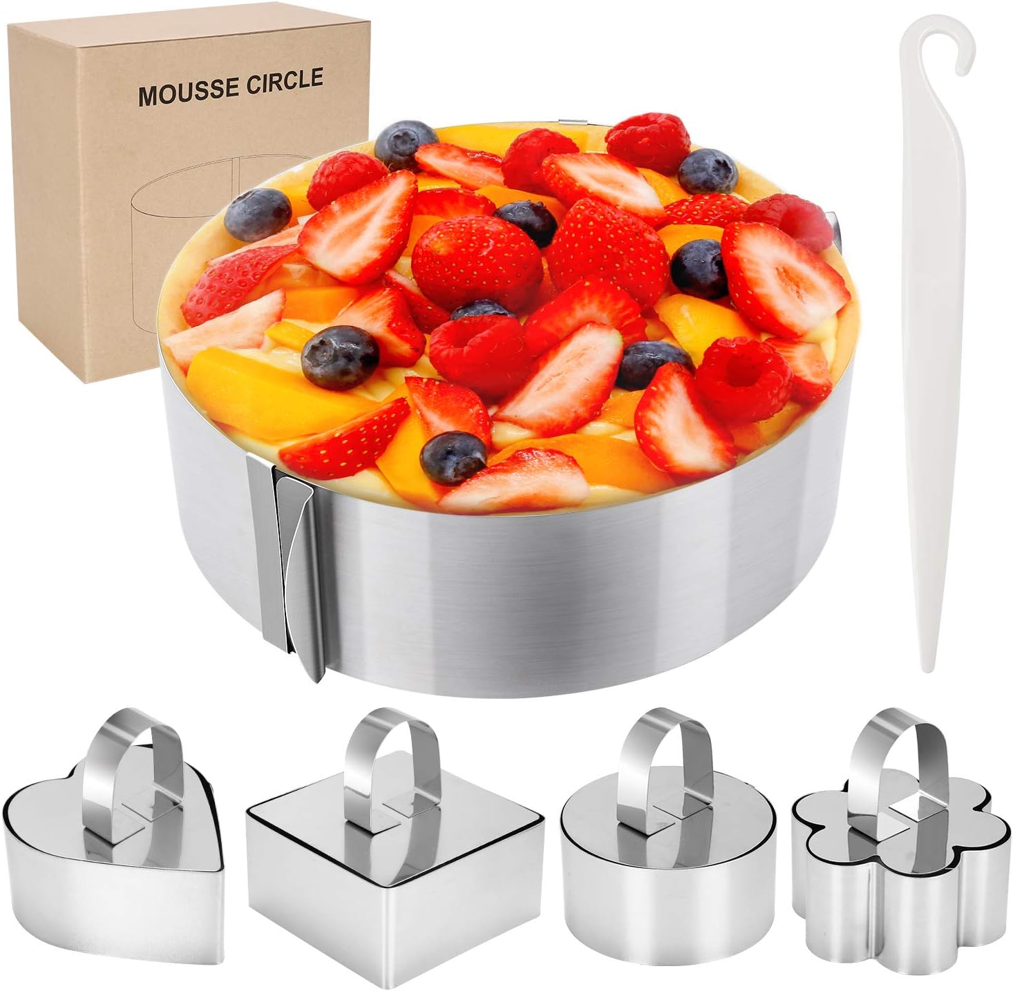 Familybox Adjustable Mousse Cake Cooking Ring with Scale 6.3 to 11.8 in,Stainless Steel Circle Mousse Layered Cake Mold Baking，Set of 4 Mousse Mold & 1 Knife