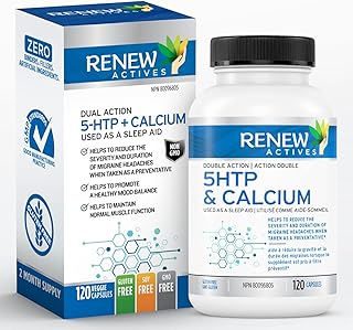 Renew Actives 5HTP & Calcium 200mg Supplement: 5 HTP Extra Strength Supplement with Calcium is Used For a Sleep Aid - HTP5 Provides Amino Acids to Help with Migraine Frequency & Relief - 120 Capsules. No Fillers & NON-GMO. Made in Canada. Easy to Swallow Capsules!